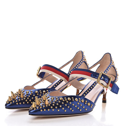 Gucci Metallic Nappa Silk Grosgrain Studded Sylvie Web Bamboo Low Heel Pumps 37.5 Sapphire 3 of 8
