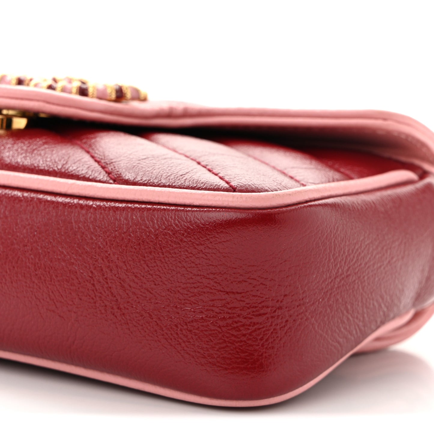 Azalea Calfskin Enamel Matelasse Diagonal Super Mini Torchon GG Marmont Shoulder Bag New Cherry Red Wild Rose