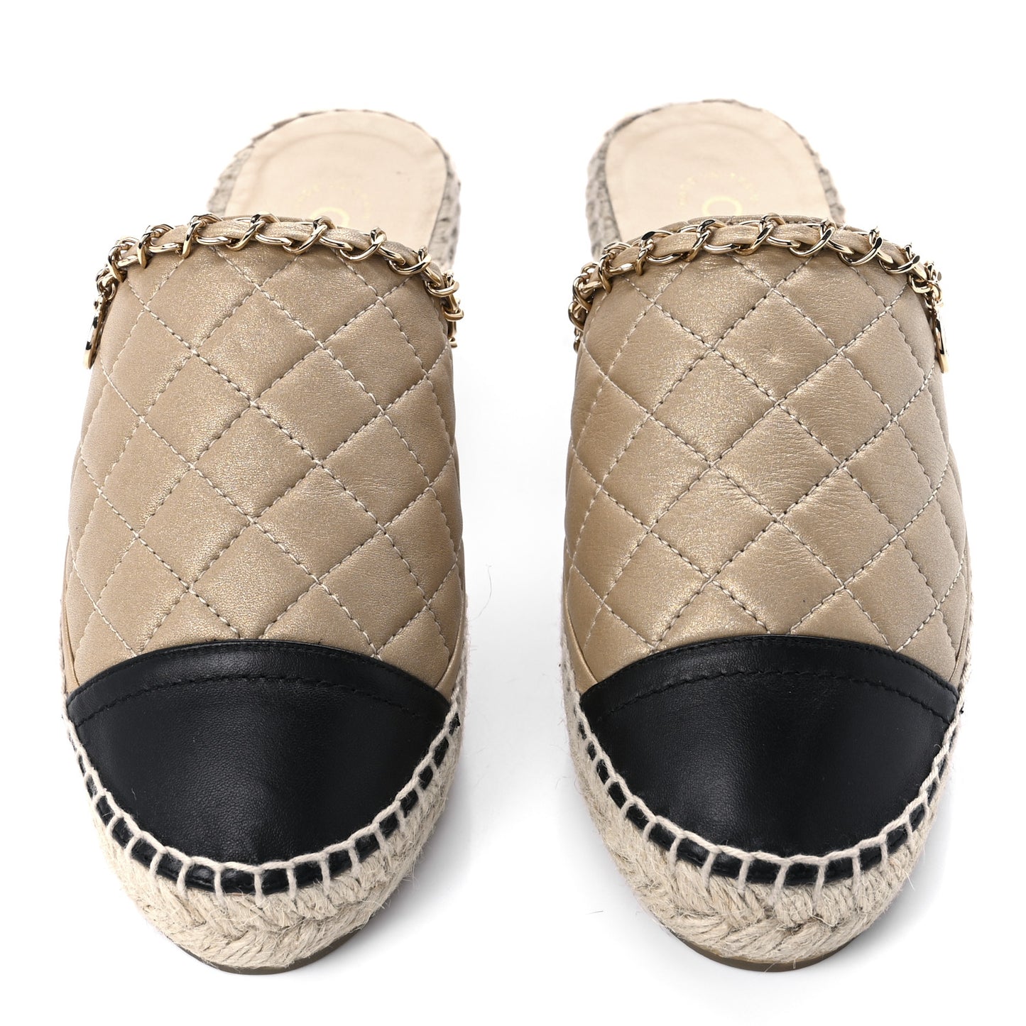 Metallic Calfskin Lambskin Grosgrain Quilted CC Chain Espadrille Mules 37 Gold Black