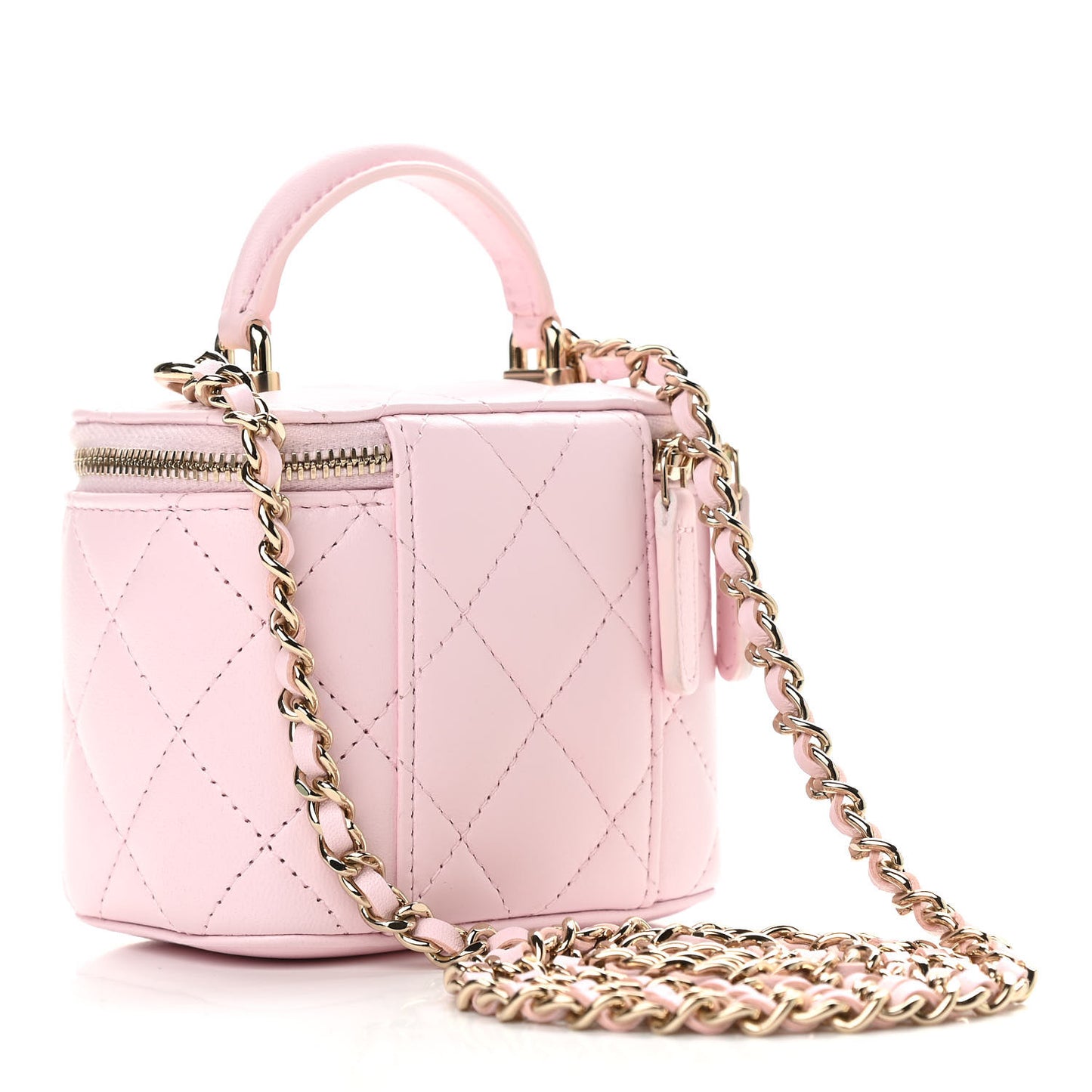 Lambskin Quilted Mini Top Handle Vanity Case With Chain Light Pink
