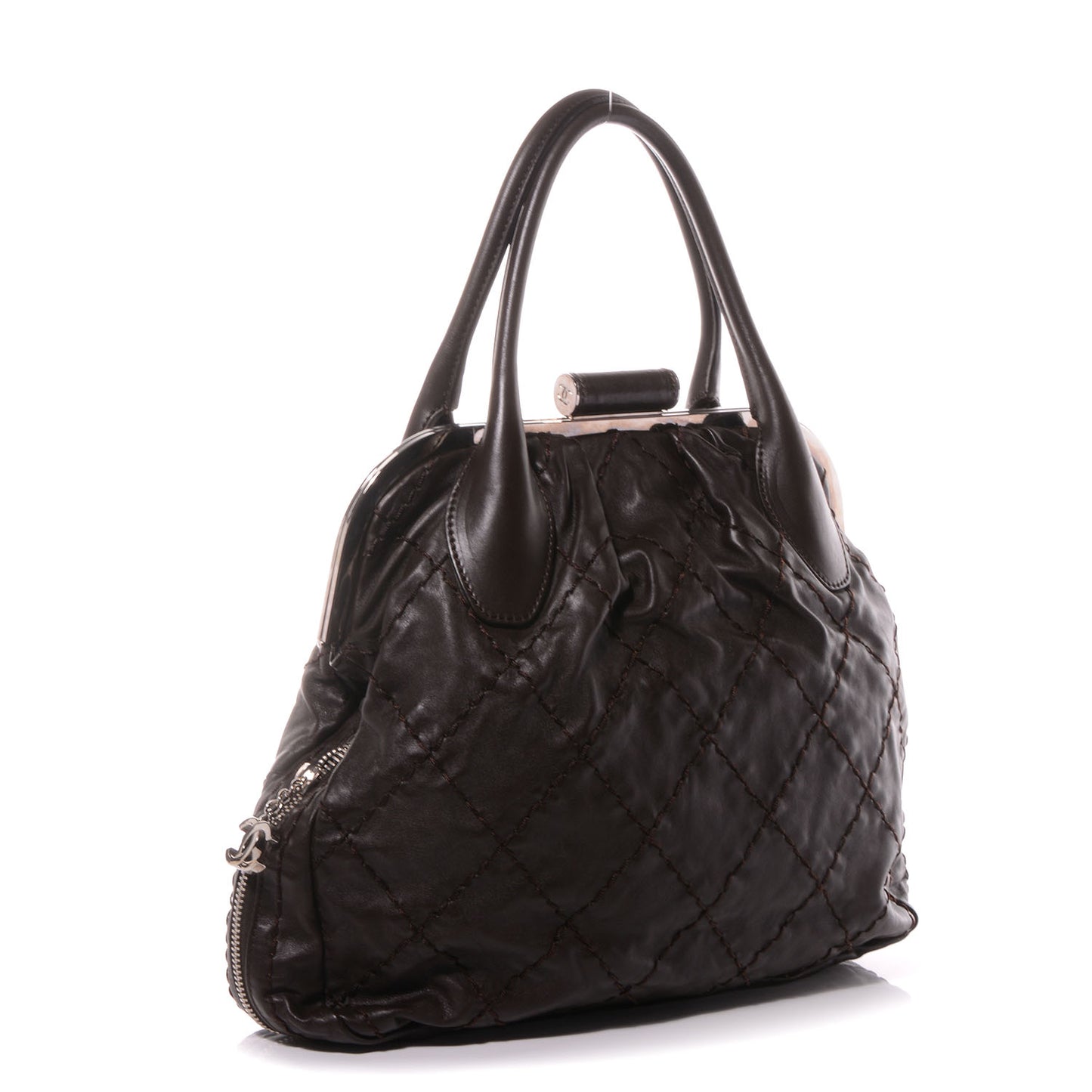 Calfskin Expandable Stitched Frame Bag Dark Brown