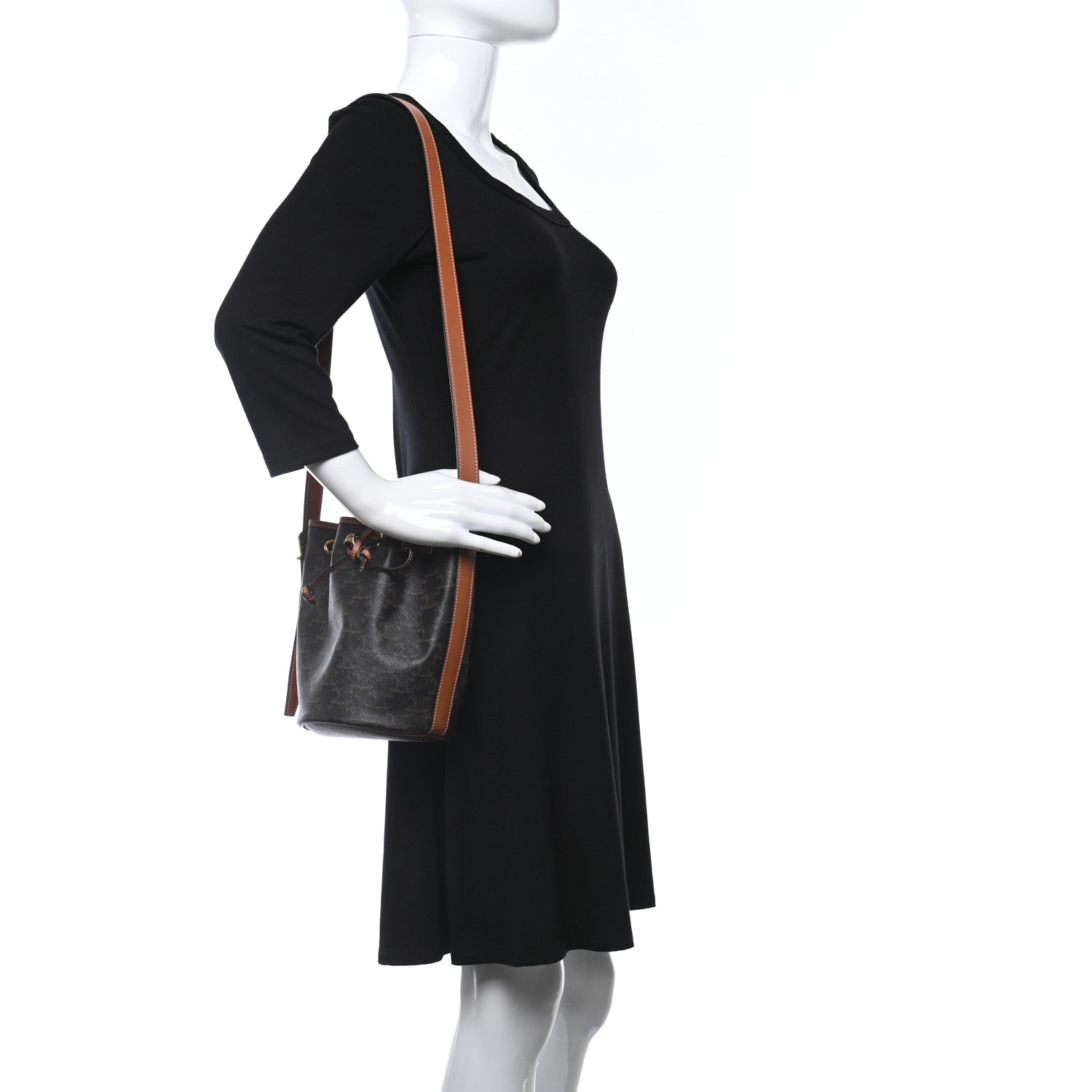 Celine Triomphe Canvas Calfskin Small Drawstring Bucket Bag Tan 2 of 9