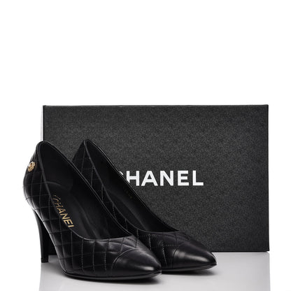 Chanel Calfskin Quilted Cap Toe Camellia Pumps 37.5 Black 8 of 8
