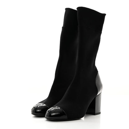 Chanel Patent Knit Cap Toe CC Sock Boots 35.5 Black 3 of 8