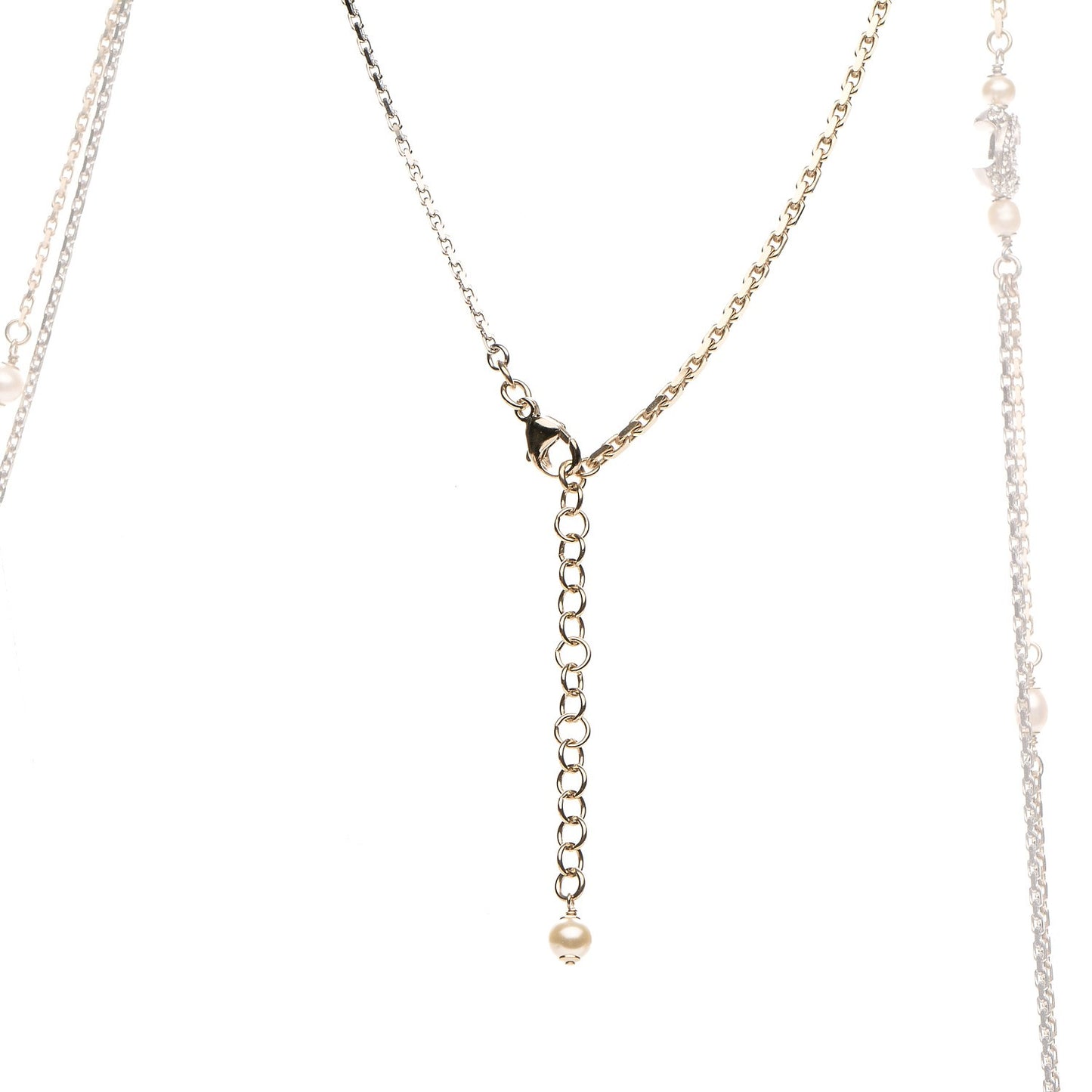 Glass Pearl Strass CC Long Necklace Gold Silver Light Blue