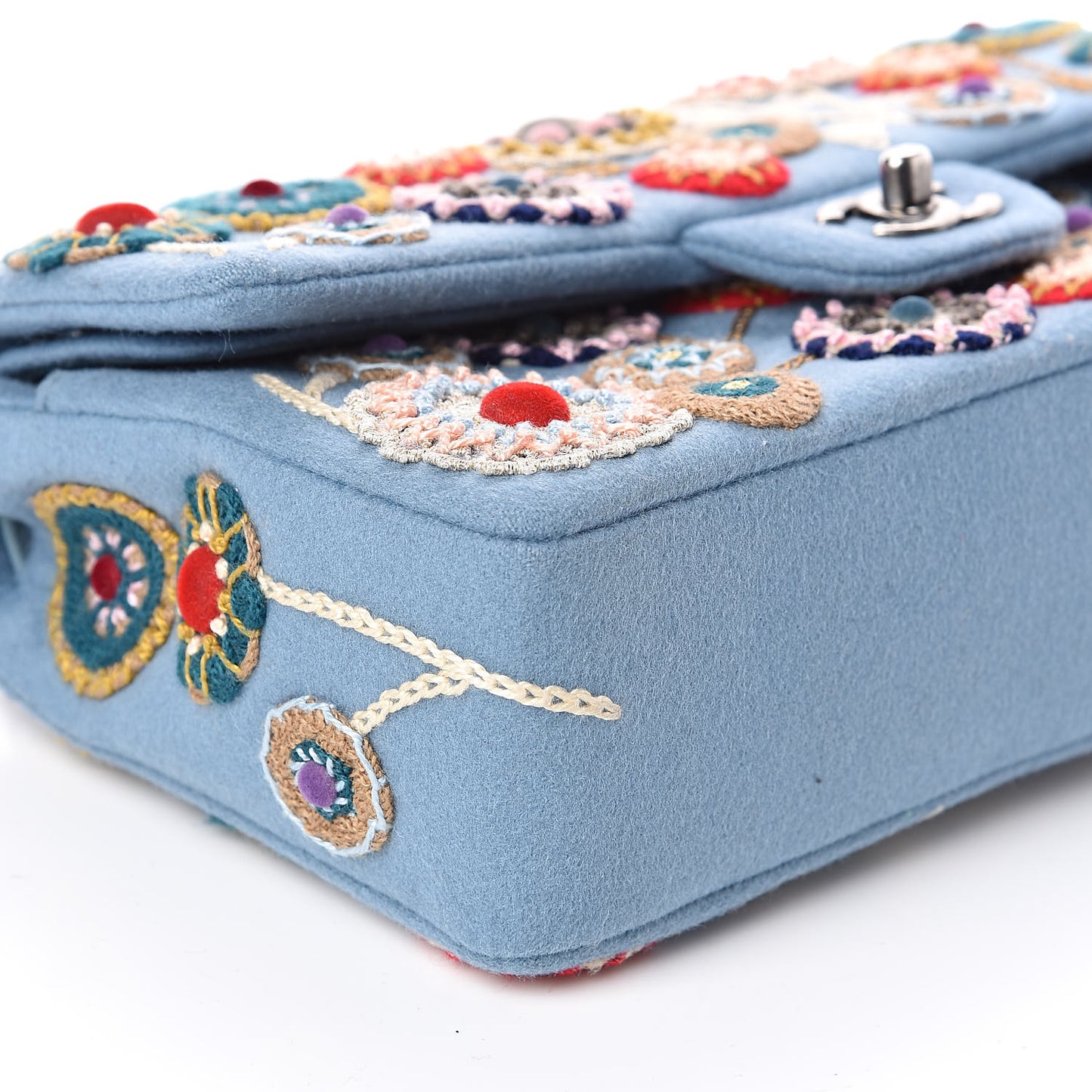 Felt Flower Embroidered Medium Double Flap Blue Multicolor