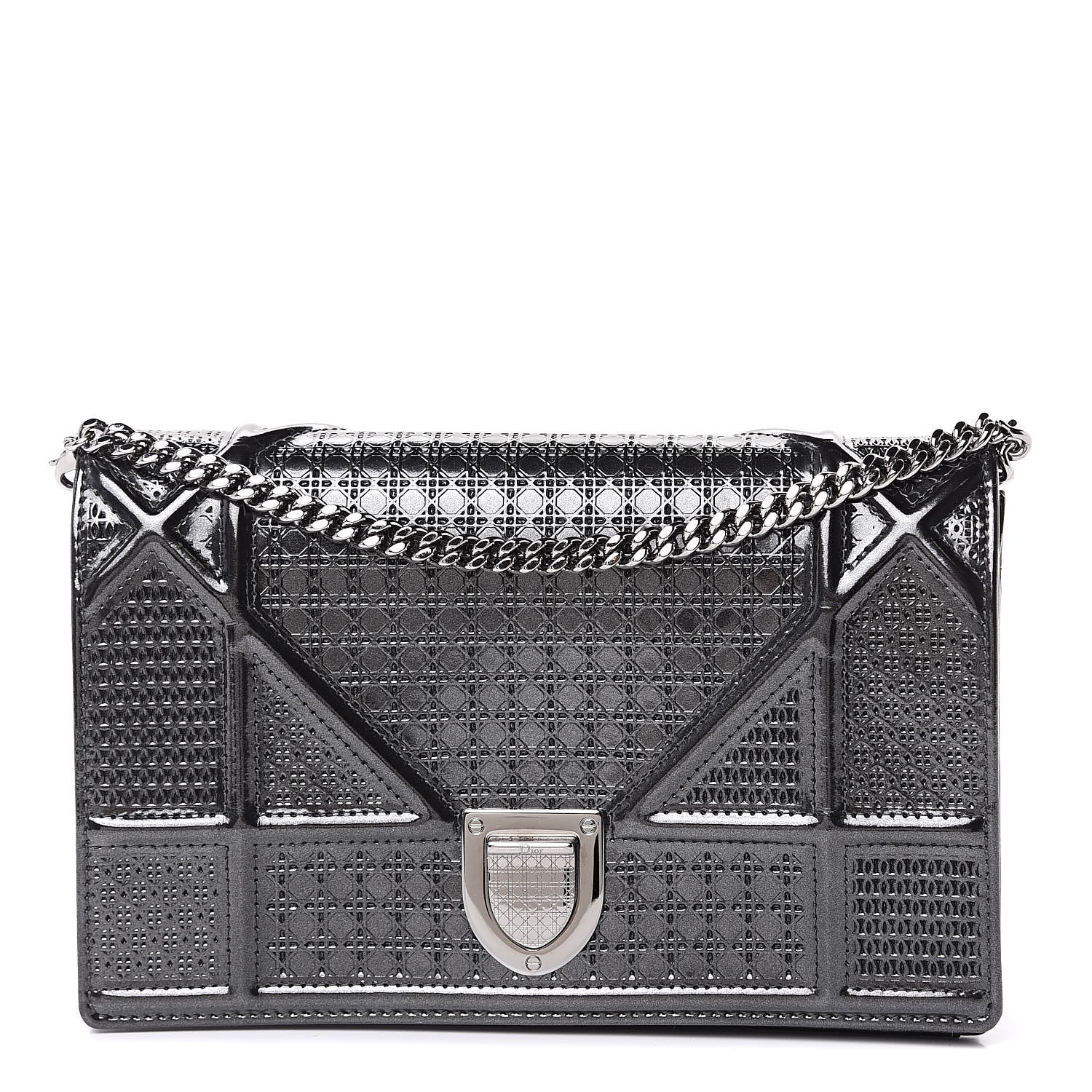 Christian Dior Metallic Patent Micro-Cannage Diorama Wallet on Chain Pouch Onyx Black 1 of 10