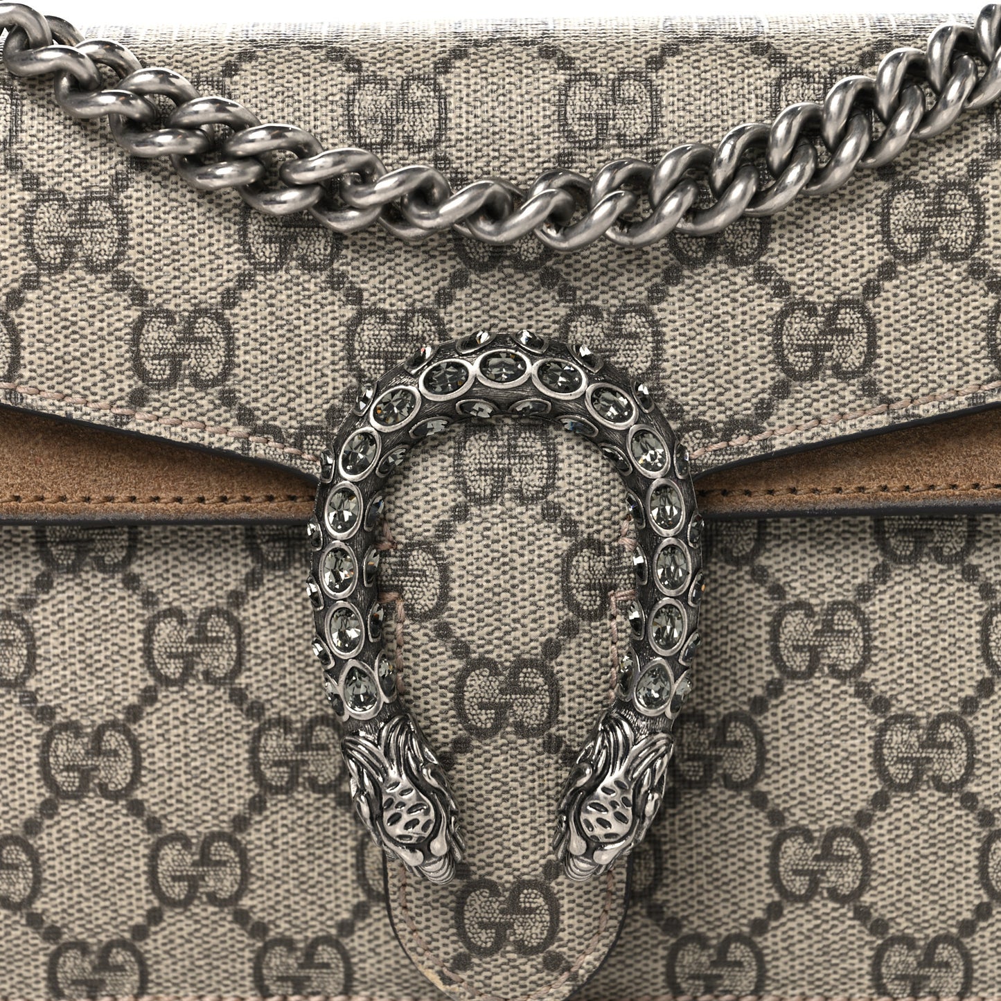GG Supreme Monogram Suede Crystal Small Dionysus Shoulder Bag Beige Ebony Taupe