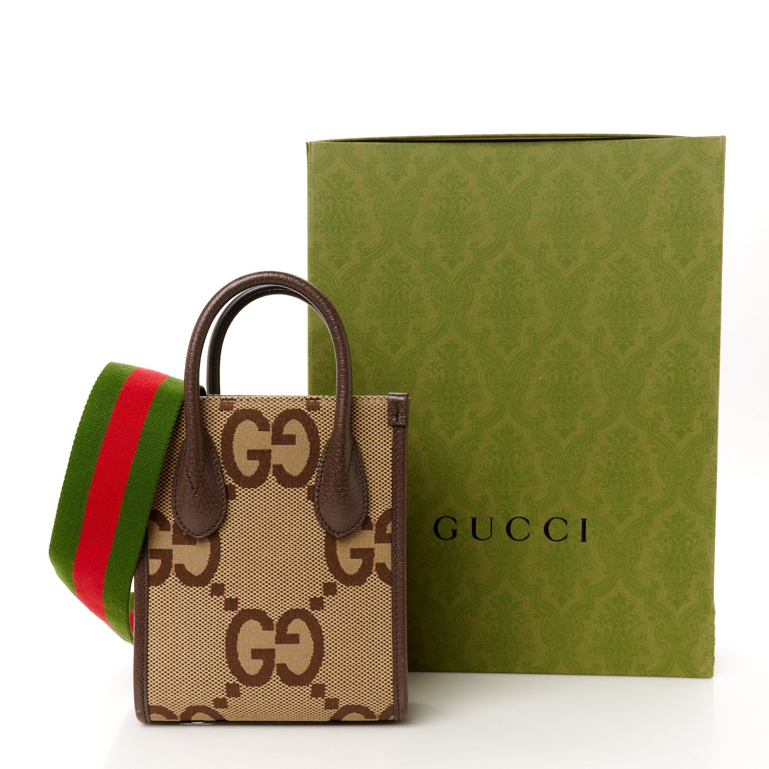 Gucci Monogram Jumbo GG Textured Dollar Calfskin Web Mini Vertical Tote Camel Ebony New Acero 13 of 13