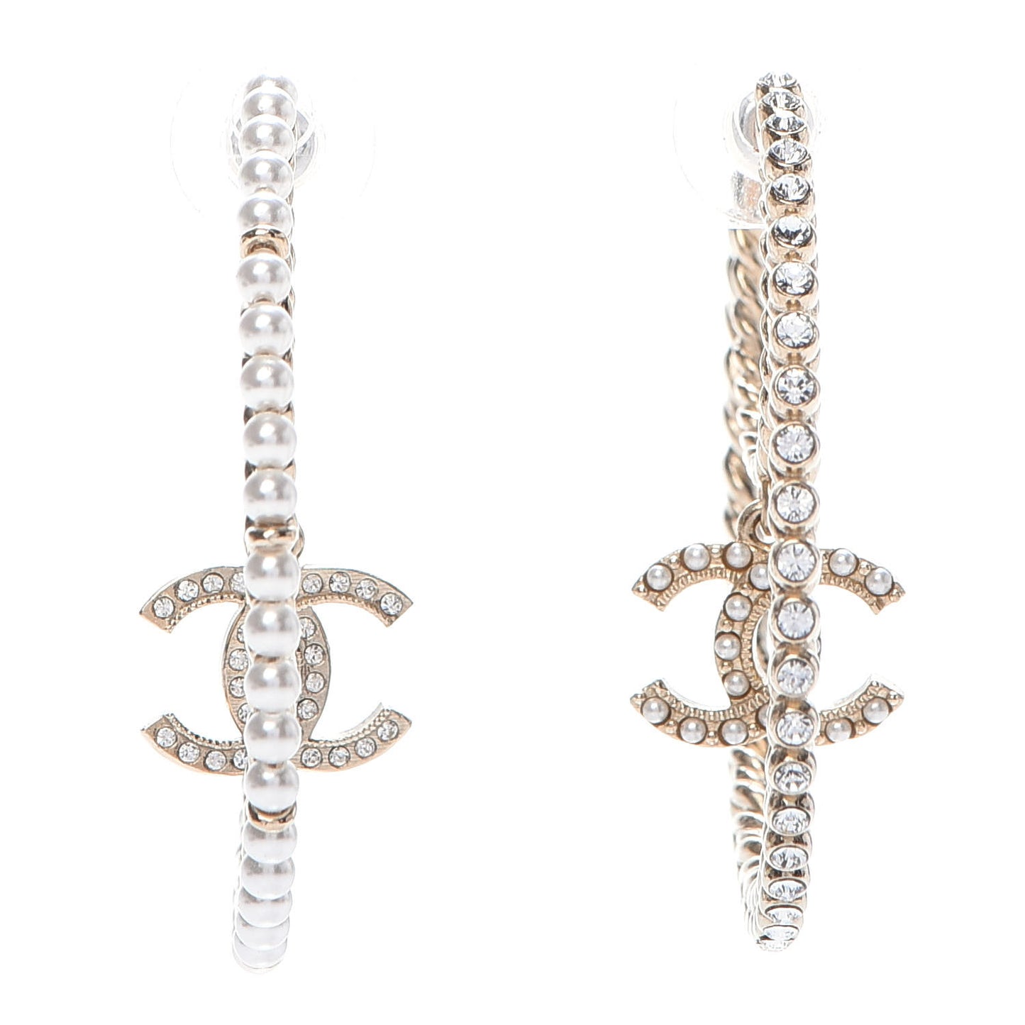 Crystal Pearl CC Drop Hoop Earrings Gold Pearly White