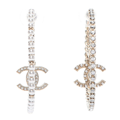 Chanel Crystal Pearl CC Drop Hoop Earrings Gold Pearly White 1 of 6