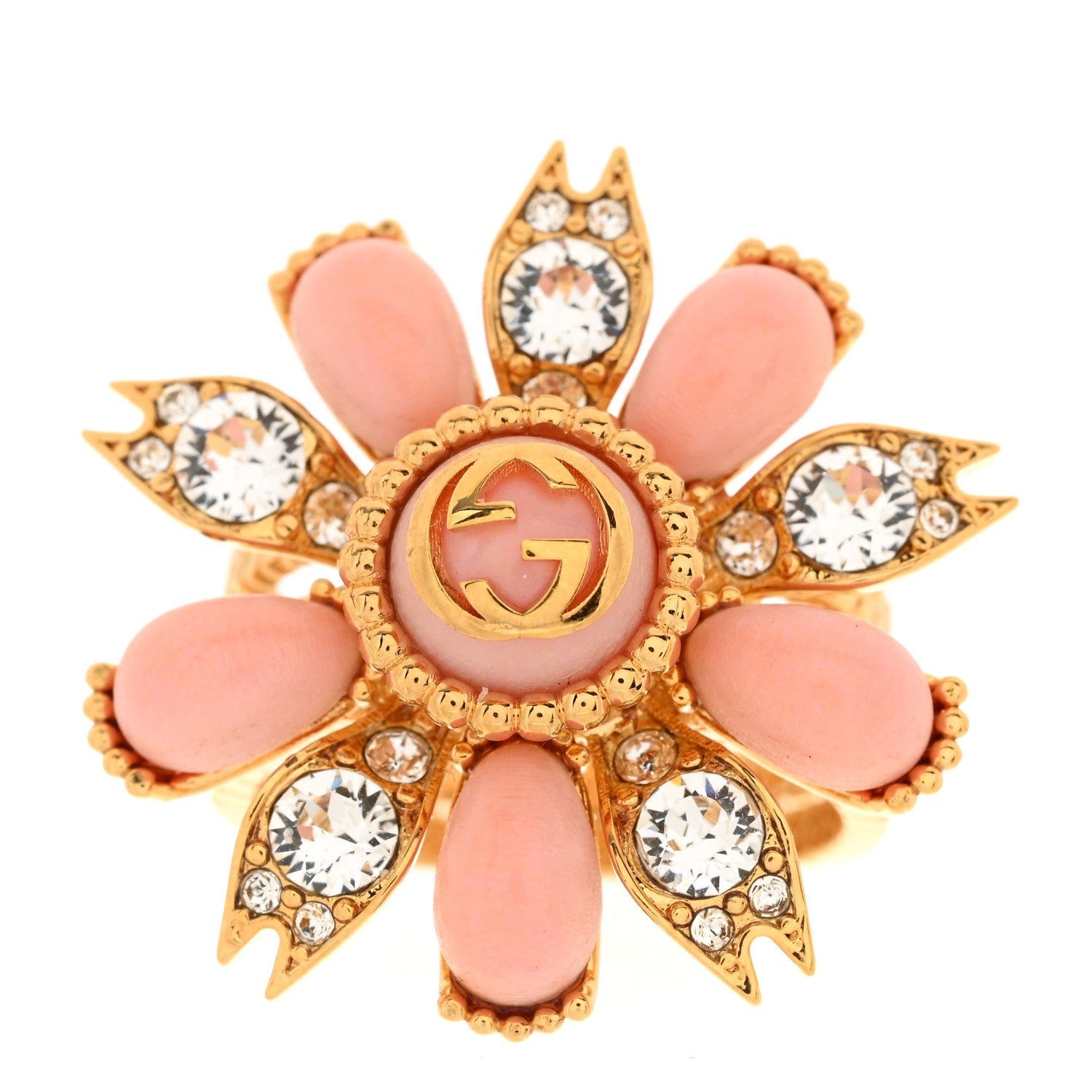Gucci Metal Crystal Resin Interlocking G Flower Ring M Gold Pink 1 of 7