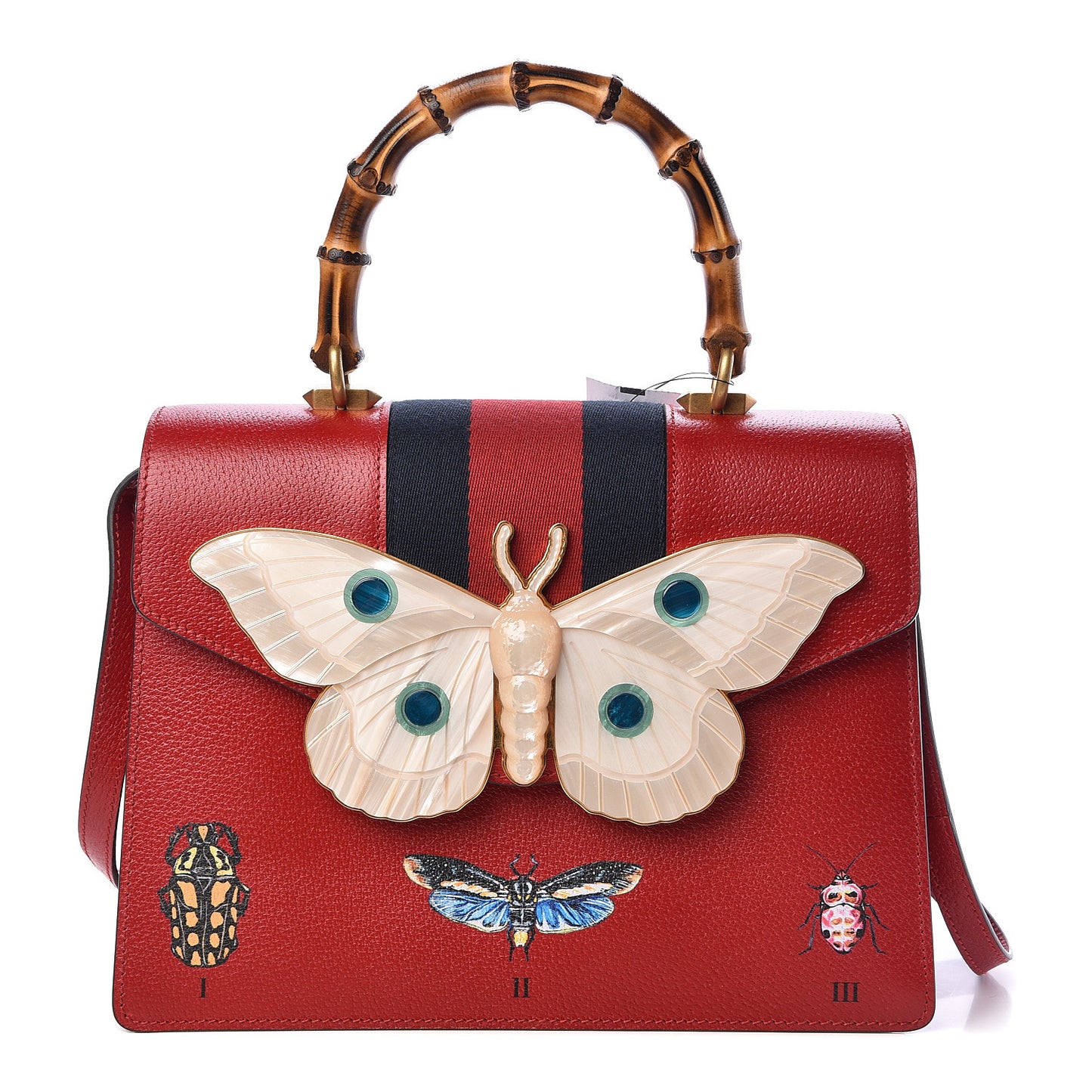 Calfskin Bamboo Web Medium Falena Moth Top Handle Bag Hibiscus Red