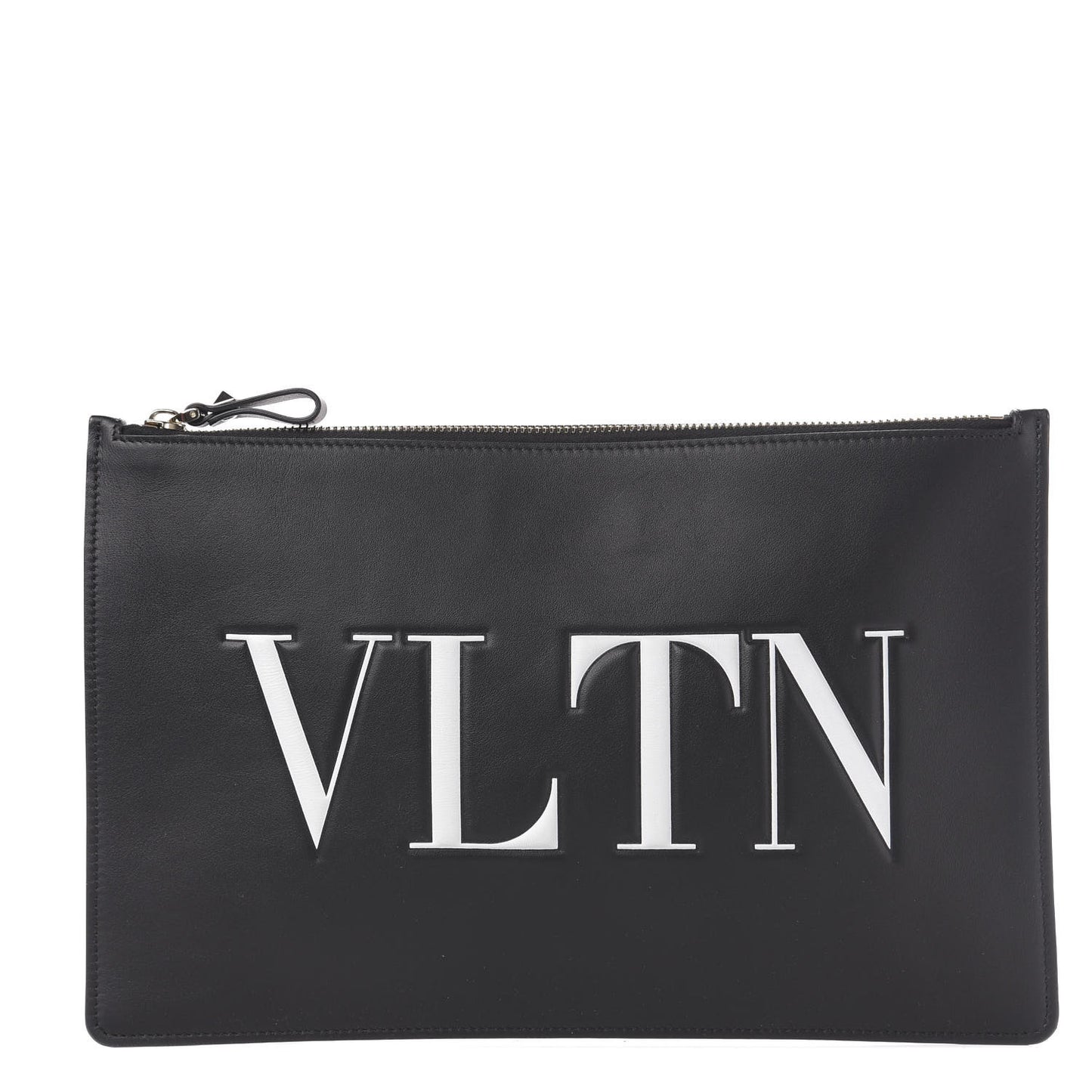 Calfskin VLTN Large Flat Zip Pouch Black
