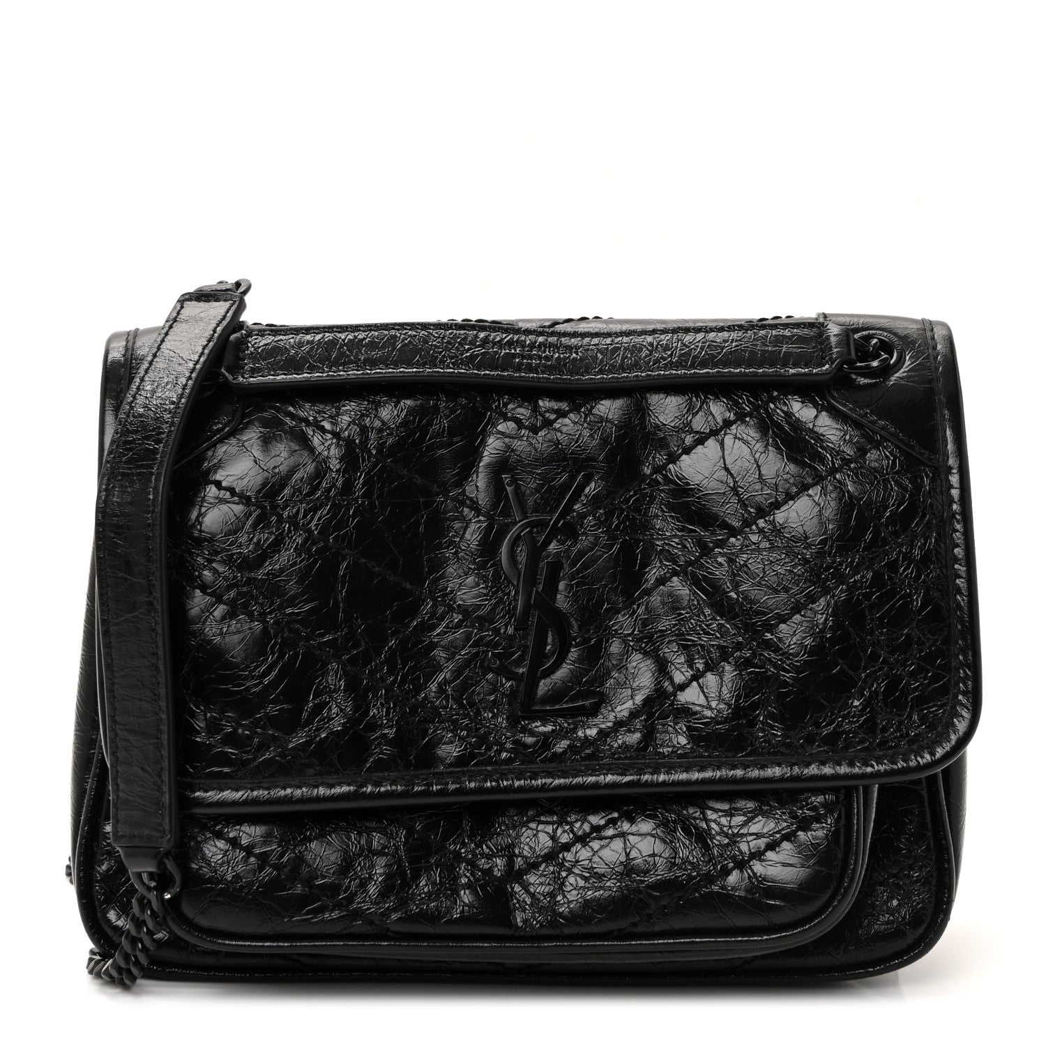 Saint Laurent Crinkled Calfskin Matelasse Monogram Baby Niki Chain Satchel Black 2 of 19