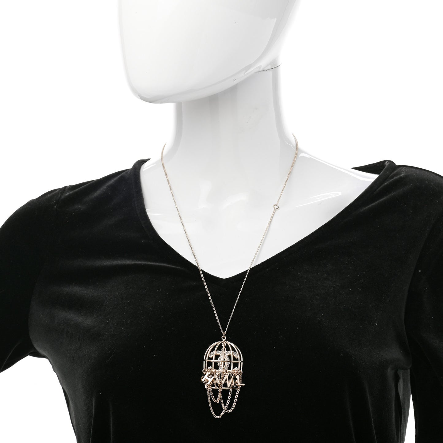 Metal Crystal Logo Bird Cage Necklace Gold