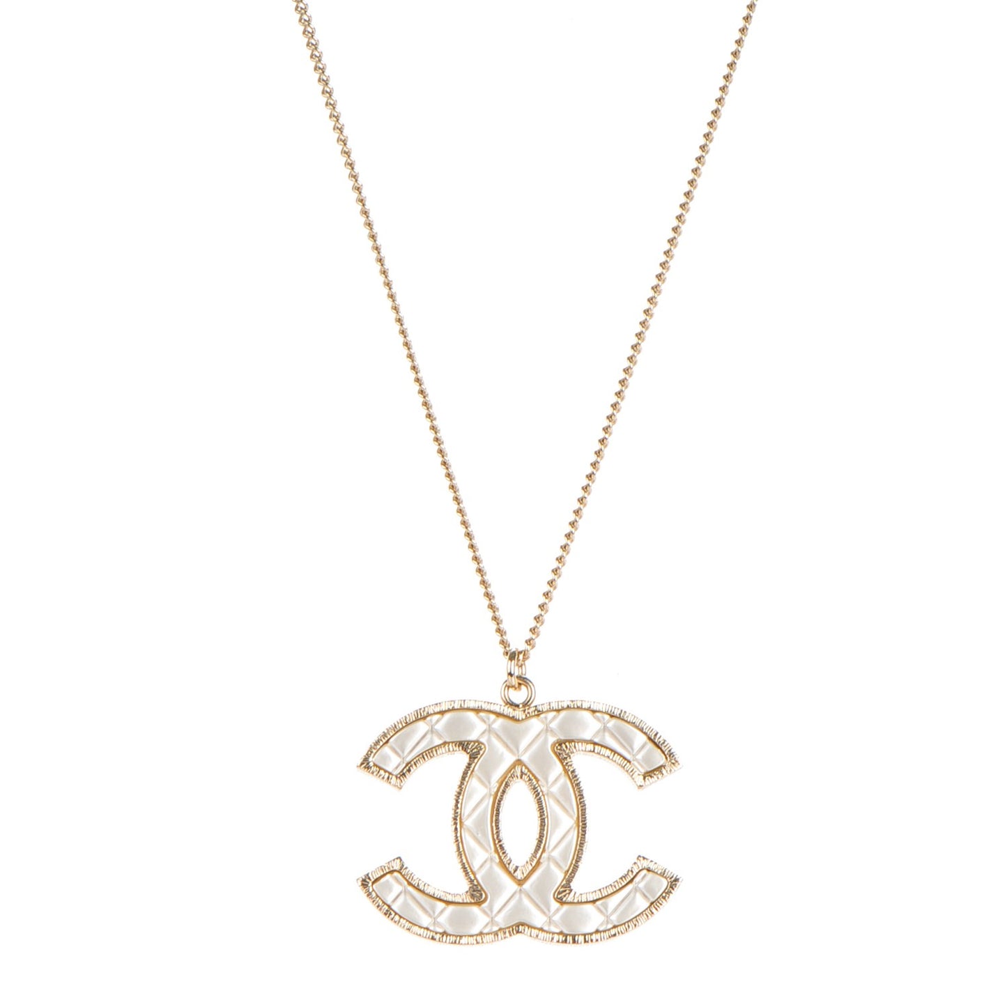 Metal Quilted CC Pendant Necklace Gold White