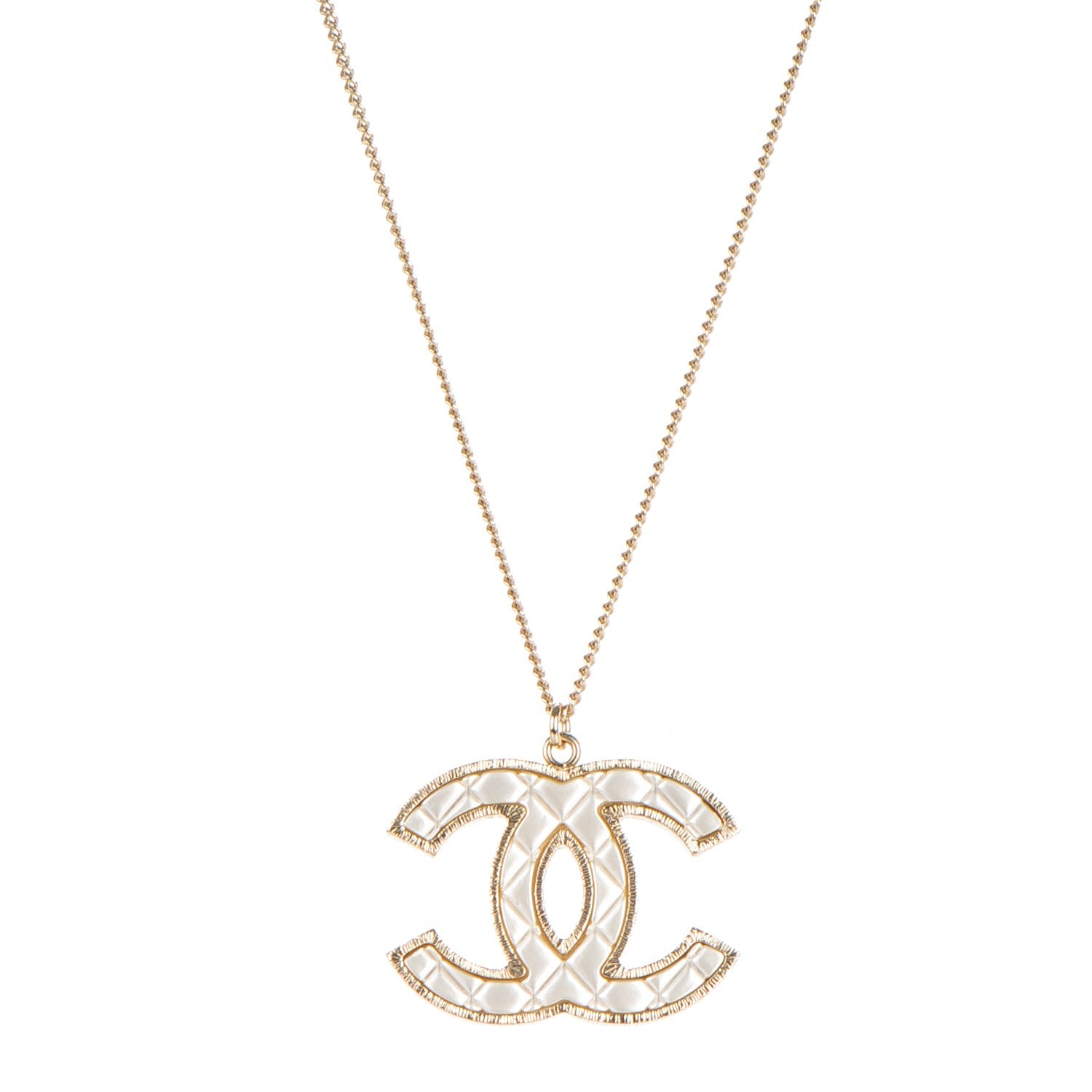 Chanel Metal Quilted CC Pendant Necklace Gold White 1 of 5