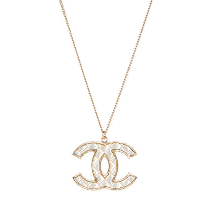 Chanel Metal Quilted CC Pendant Necklace Gold White 1 of 5