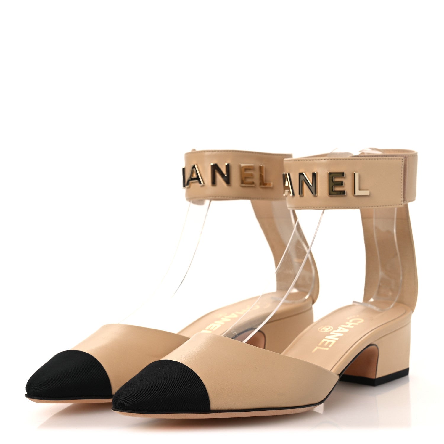 Chanel Lambskin Grosgrain Cap Toe Logo Ankle Strap Pumps 38 Beige Black 4 of 11