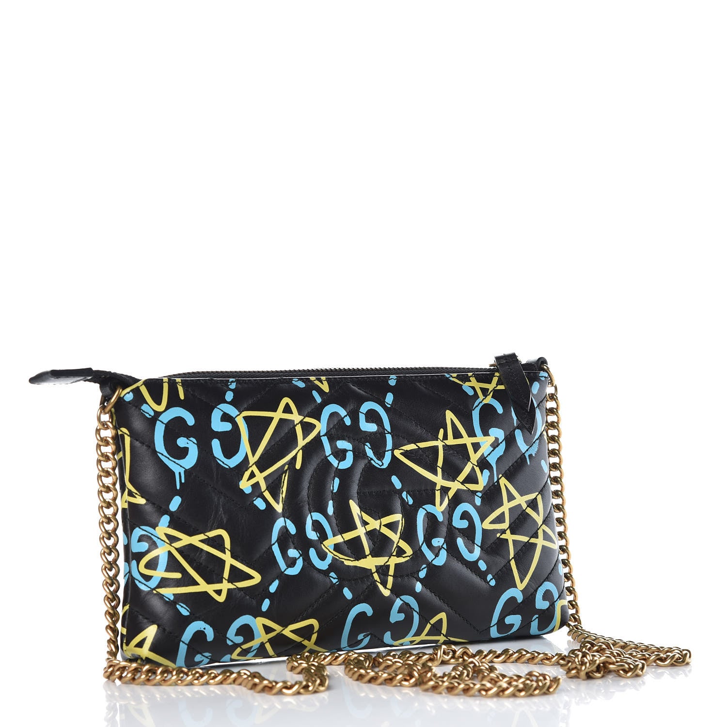 Gucci Calfskin Matelasse Printed Mini GucciGhost GG Marmont Chain Bag Black New Acquamarine 3 of 8