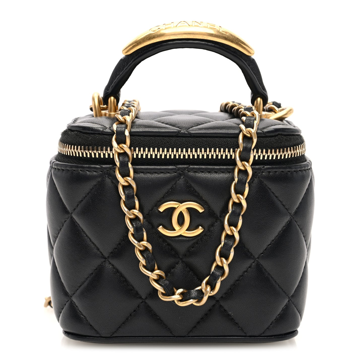 Lambskin Quilted Metal Mini Top Handle Vanity Case With Chain Black