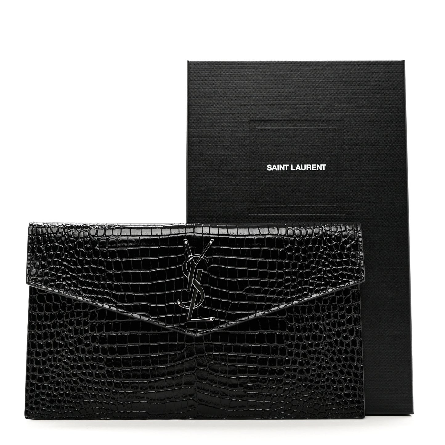 Calfskin Crocodile Embossed Uptown Monogram Clutch Black