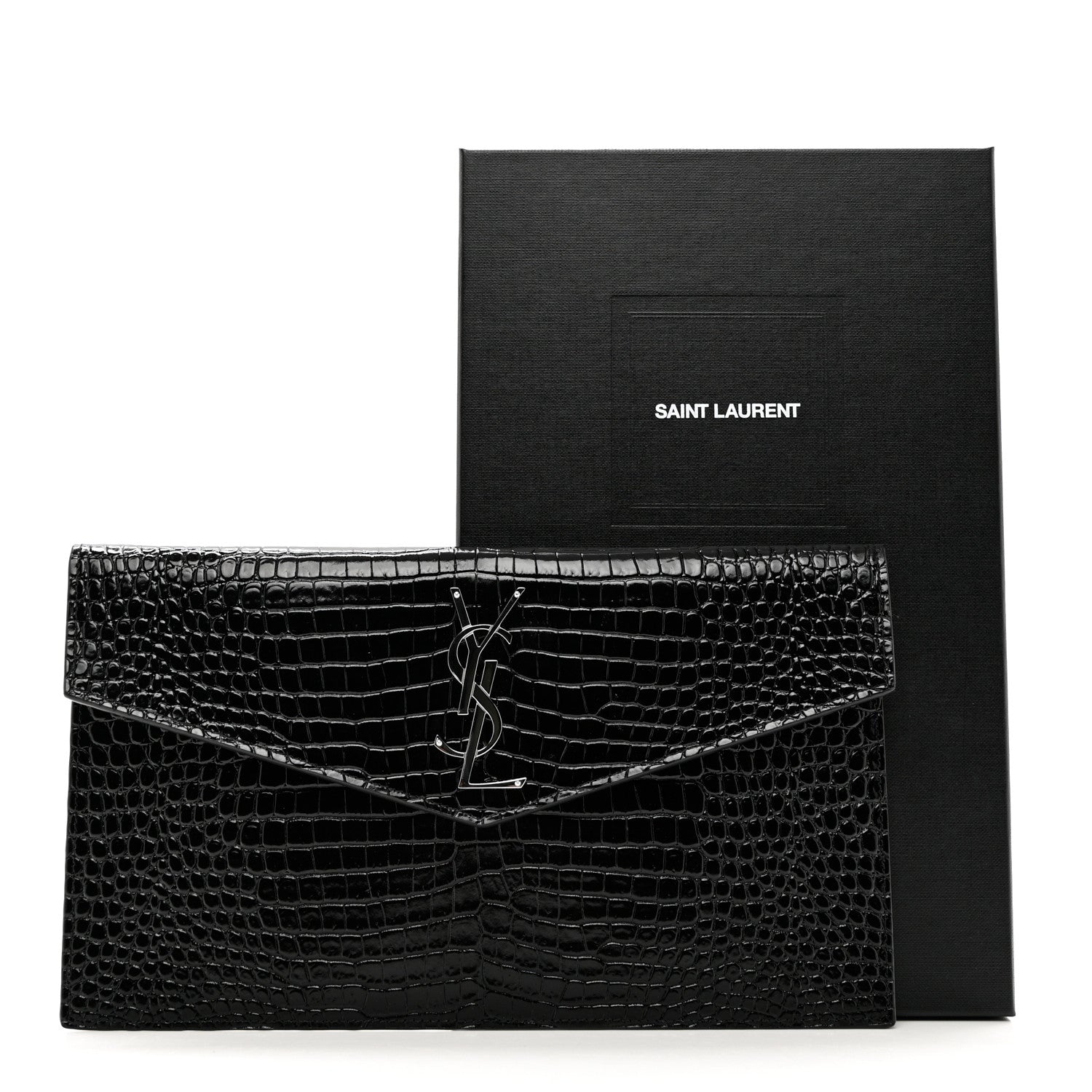Saint Laurent Calfskin Crocodile Embossed Uptown Monogram Clutch Black 7 of 7