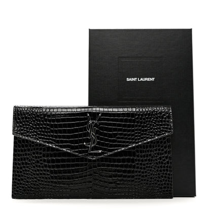 Saint Laurent Calfskin Crocodile Embossed Uptown Monogram Clutch Black 7 of 7