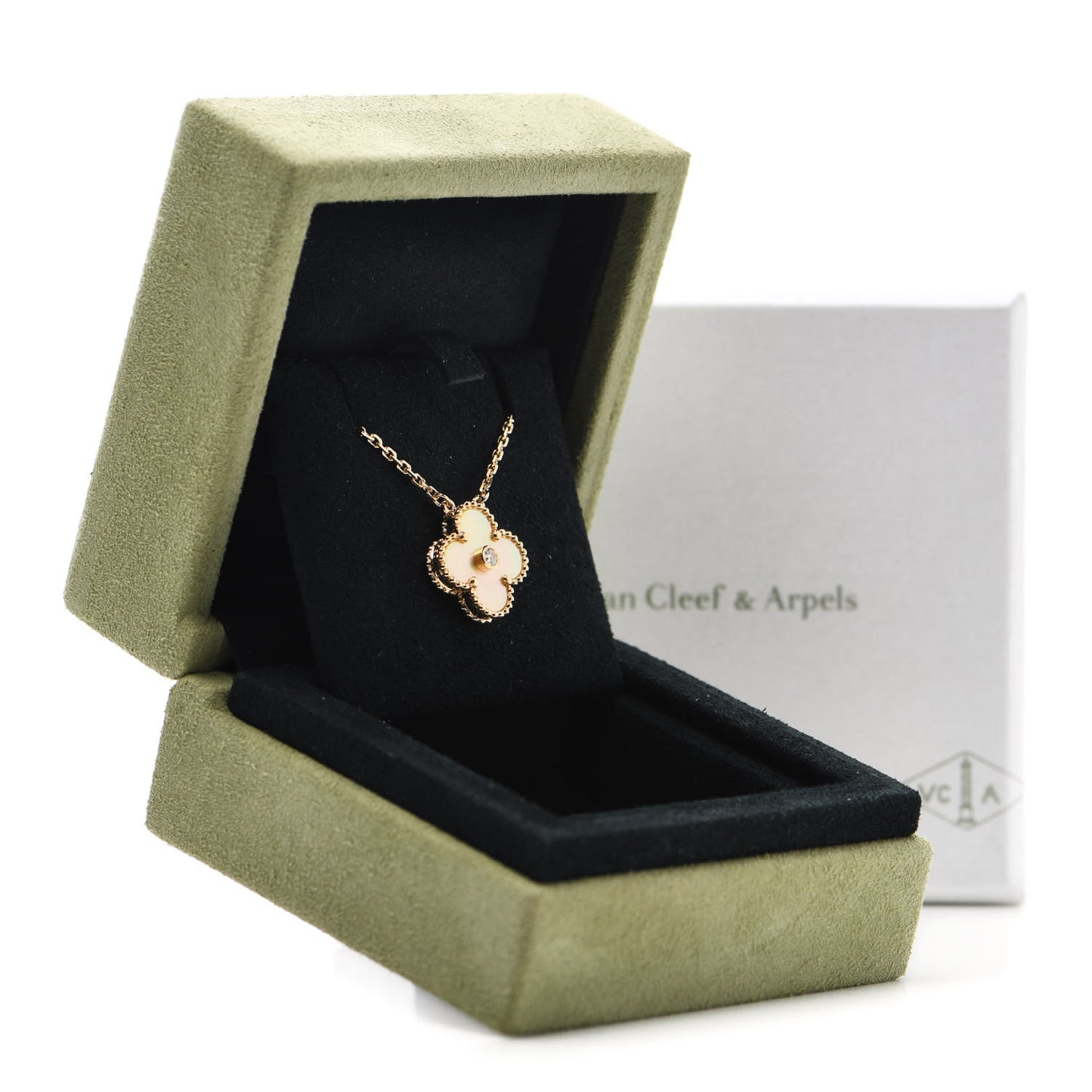 18K Yellow Gold Diamond Yellow Mother of Pearl Vintage Alhambra Pendant Necklace