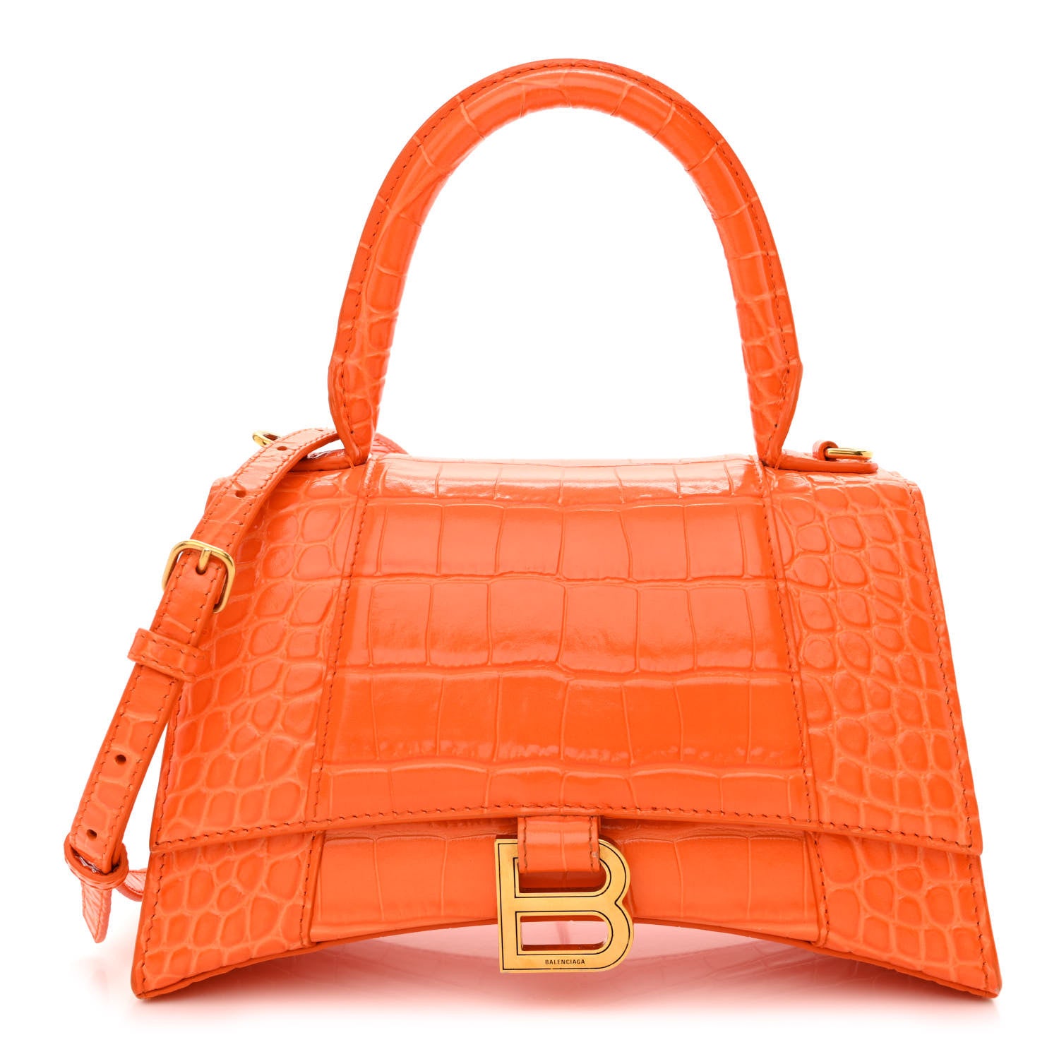 Balenciaga Shiny Calfskin Crocodile Embossed Small Hourglass Top Handle Bag Orange 1 of 10