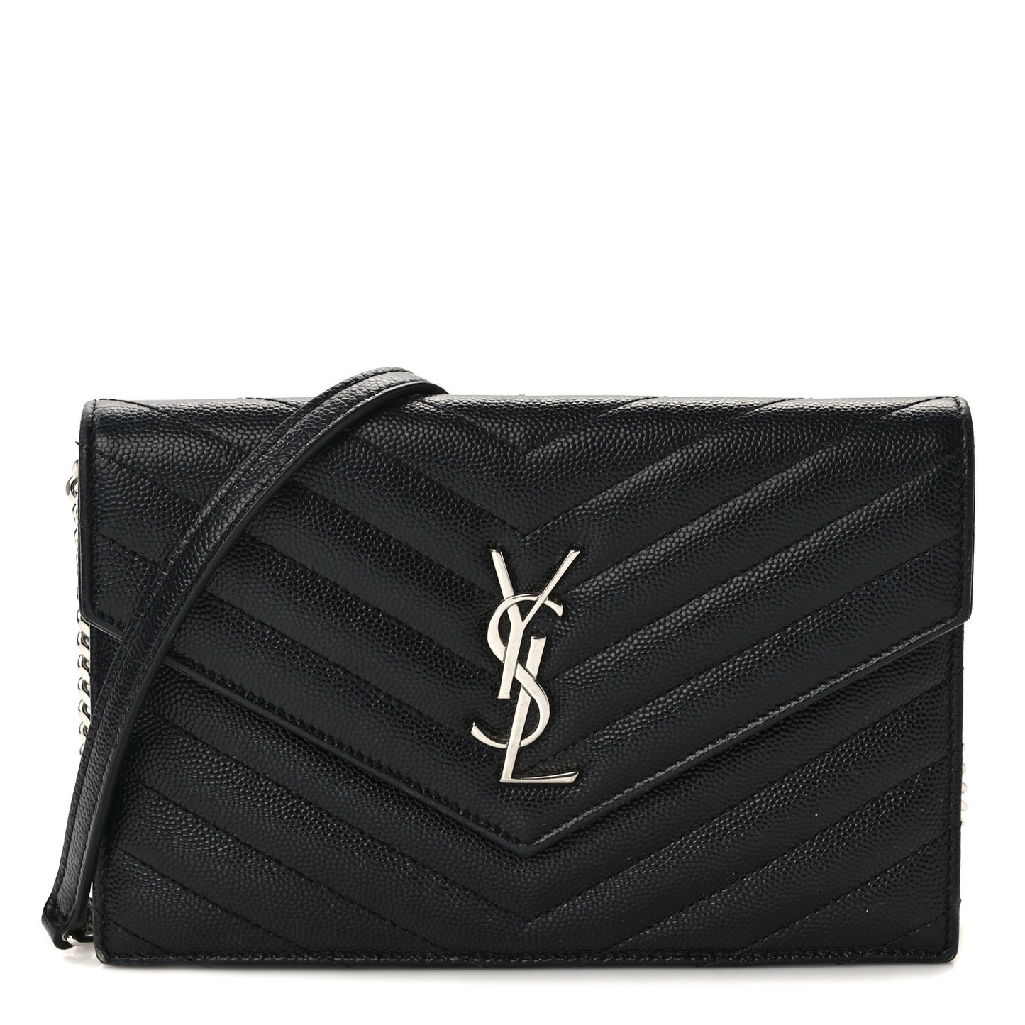Grain De Poudre Matelasse Chevron Monogram Envelope Chain Wallet Black