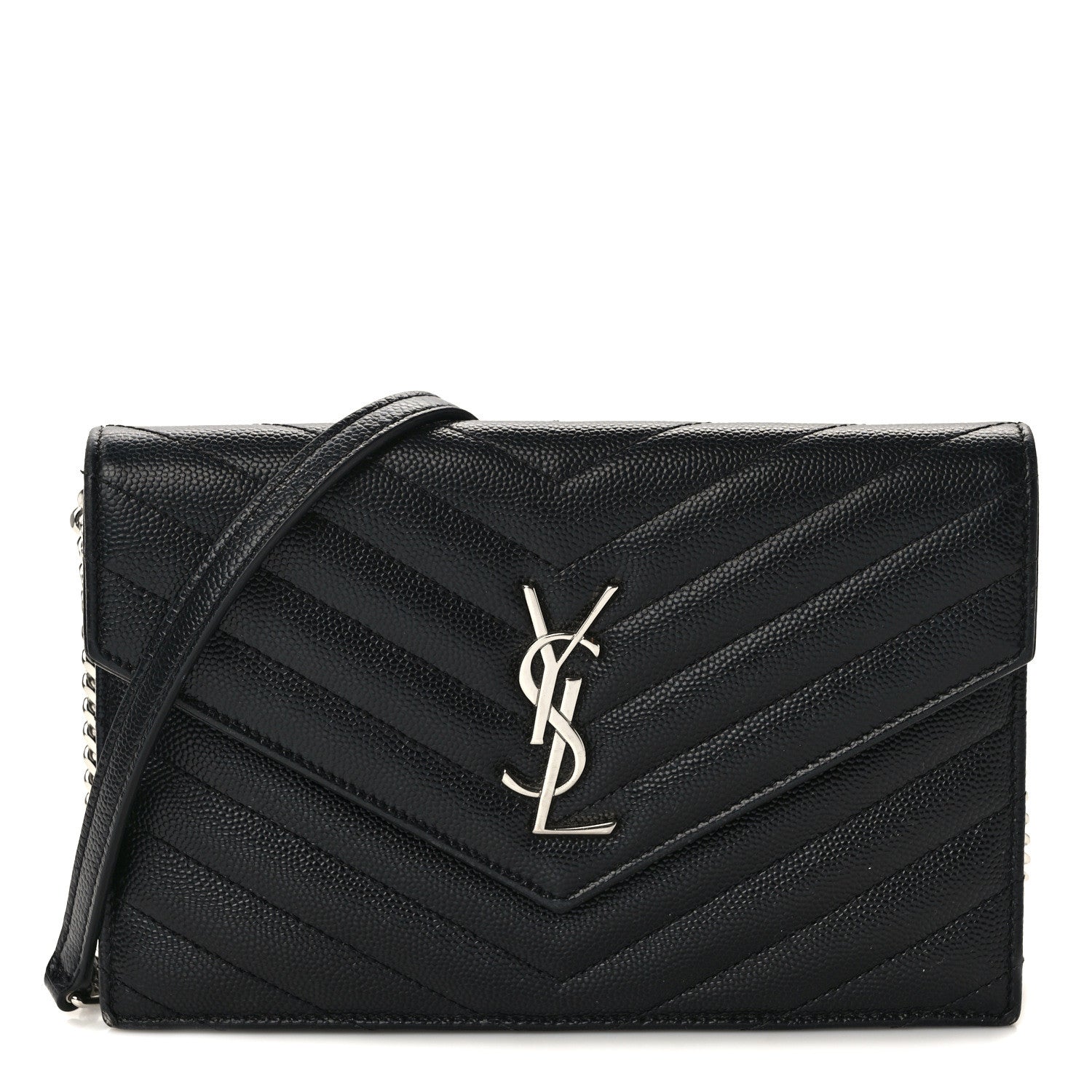 Saint Laurent Grain De Poudre Matelasse Chevron Monogram Envelope Chain Wallet Black 1 of 15