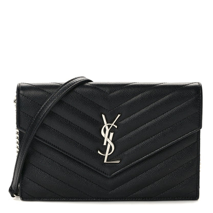 Saint Laurent Grain De Poudre Matelasse Chevron Monogram Envelope Chain Wallet Black 1 of 15