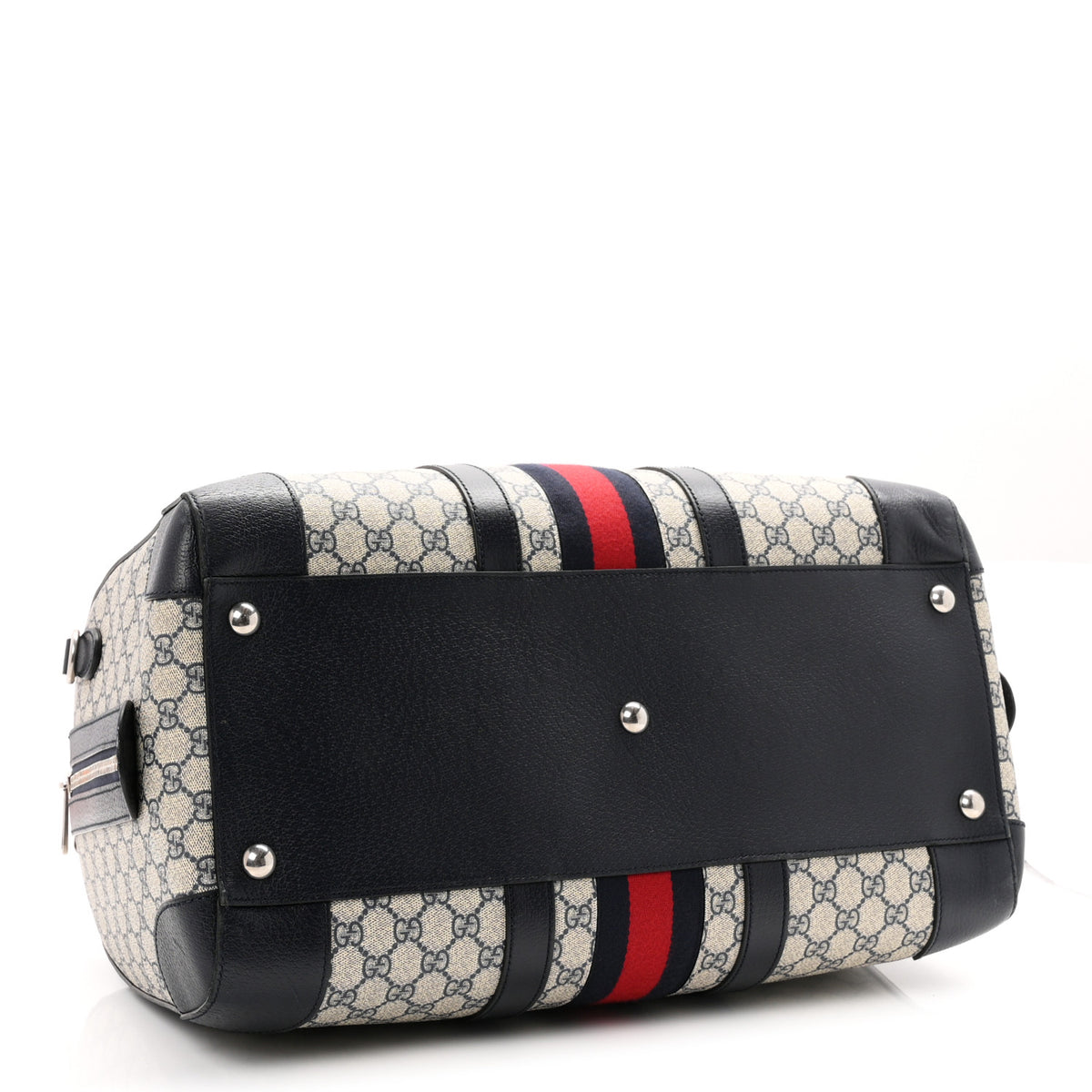 GG Supreme Monogram Textured Dollar Calfskin Web Medium Savoy Duffle Bag Beige Blue