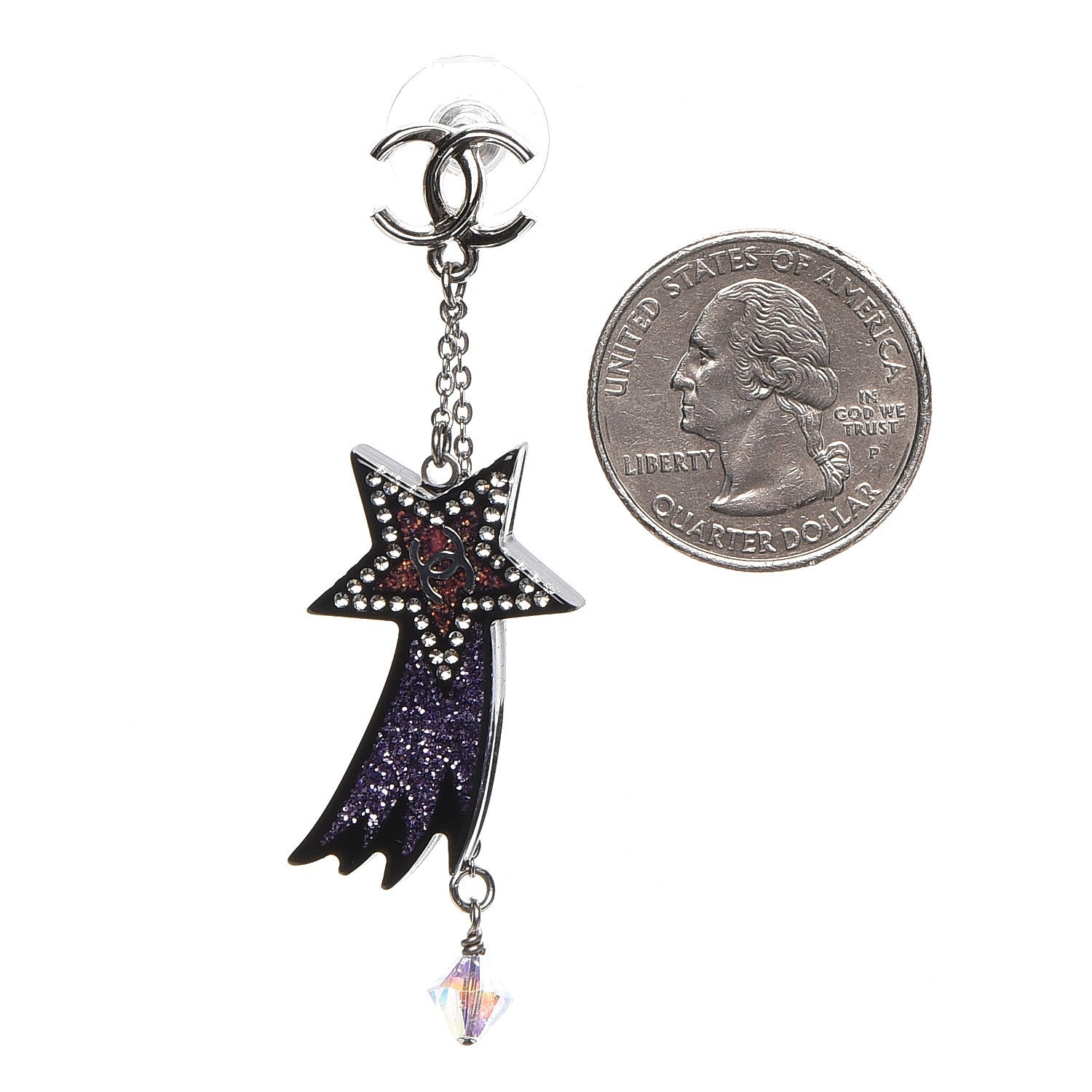 Chanel Crystal CC Shooting Star Dangle Earrings Silver Purple 2 of 5