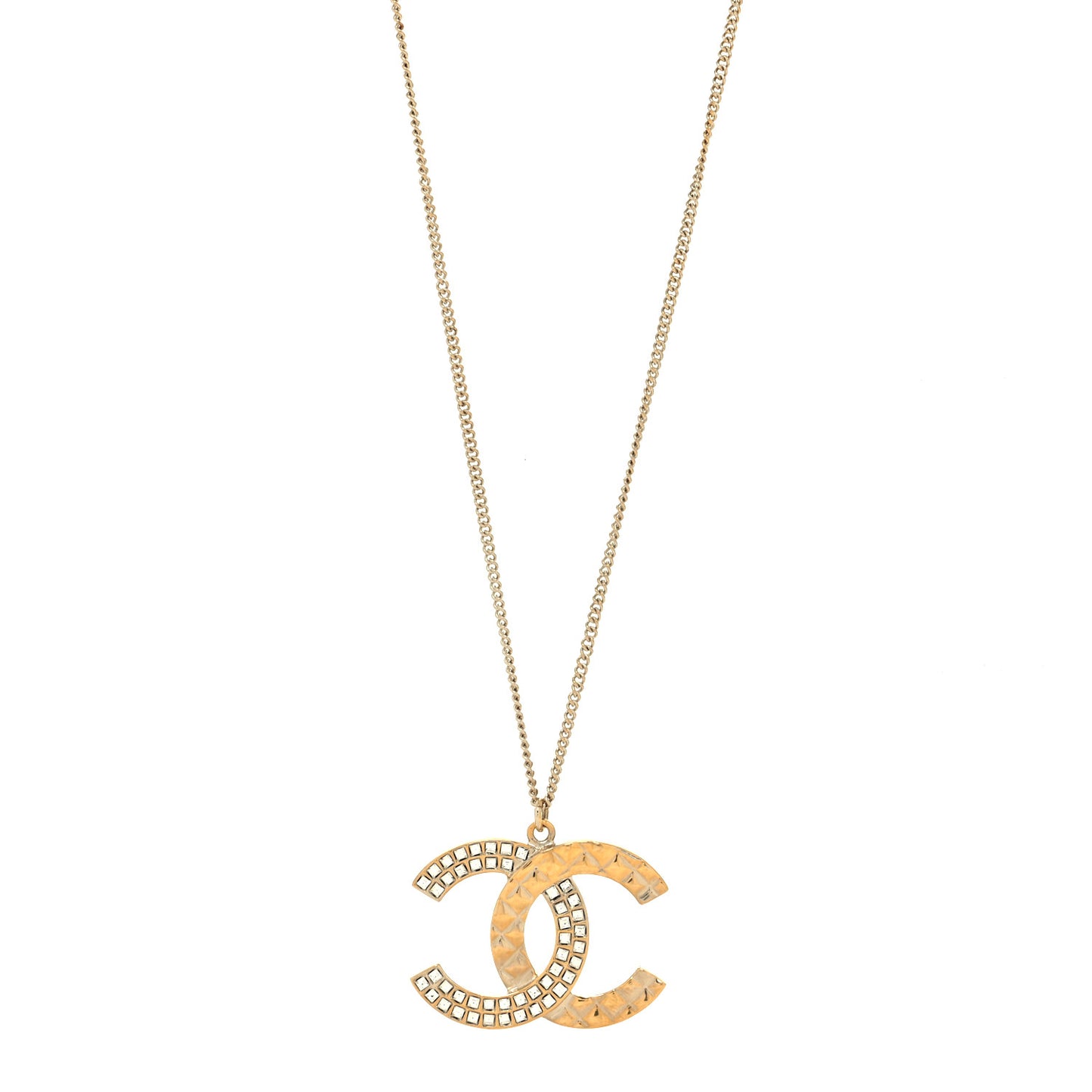 Baguette Crystal Quilted CC Pendant Necklace Gold