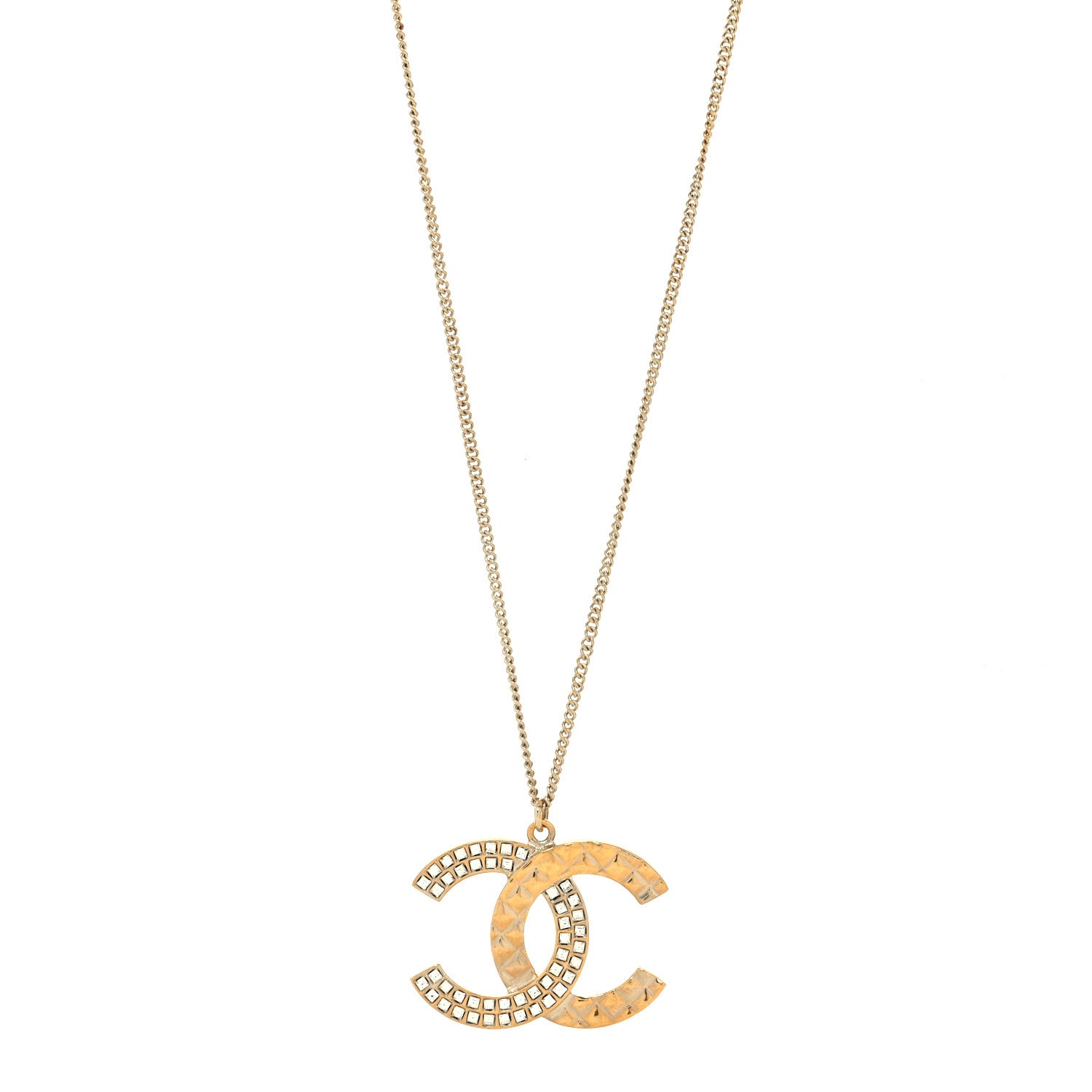 Chanel Baguette Crystal Quilted CC Pendant Necklace Gold 1 of 5