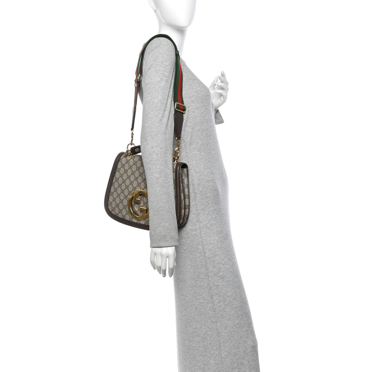 Gucci GG Supreme Monogram Textured Dollar Calfskin Web Medium Blondie Top Handle Shoulder Flap Bag Beige Ebony New Acero 2 of 10