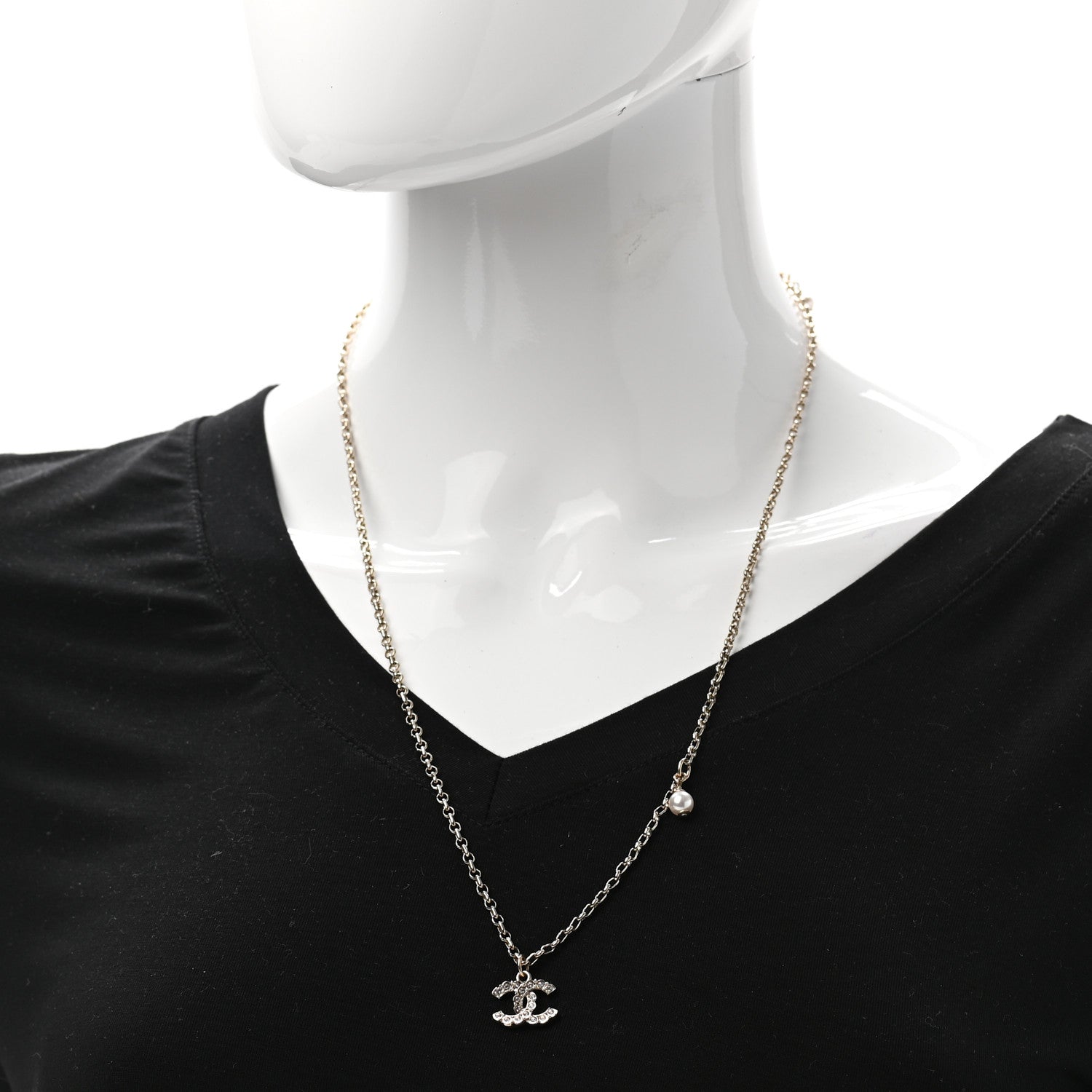 Chanel Pearl Crystal CC Pendant Necklace Silver 2 of 7