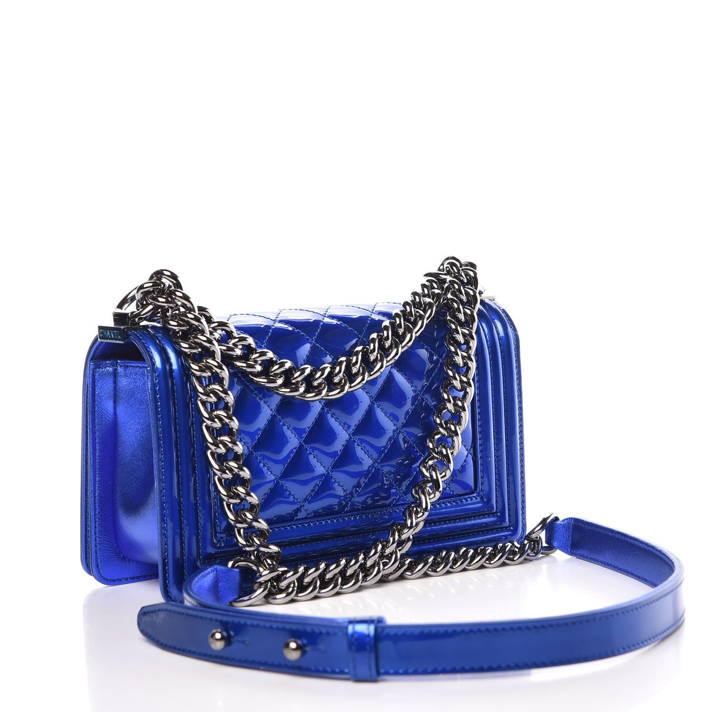 Metallic Patent Calfskin Quilted Small Boy Flap Blue