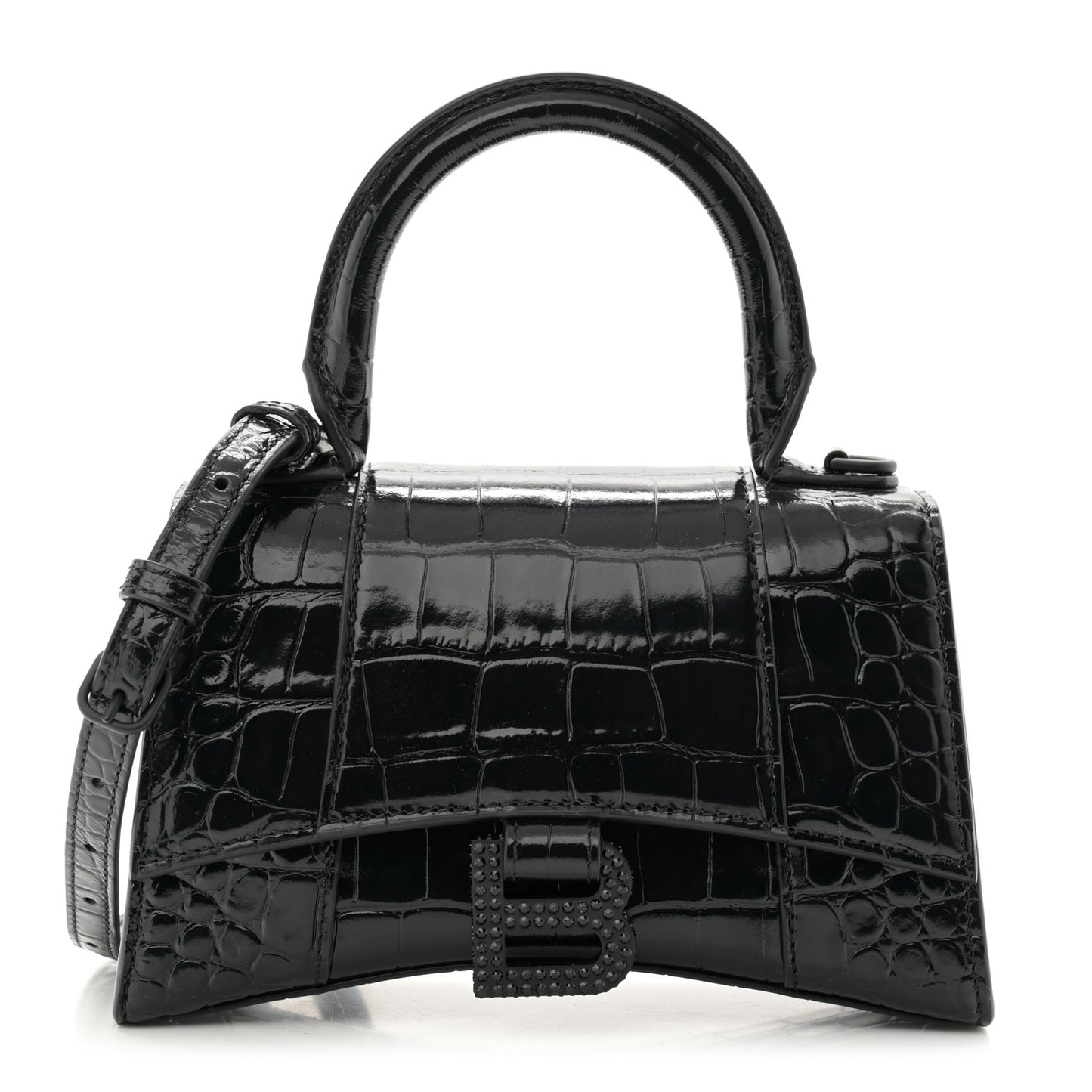 Shiny Calfskin Strass Monochrome Crocodile Embossed Hourglass Top Handle Bag XS Black