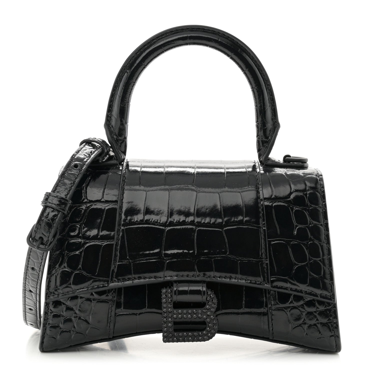 Balenciaga Shiny Calfskin Strass Monochrome Crocodile Embossed Hourglass Top Handle Bag XS Black 1 of 9