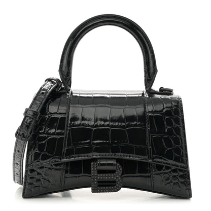 Balenciaga Shiny Calfskin Strass Monochrome Crocodile Embossed Hourglass Top Handle Bag XS Black 1 of 9