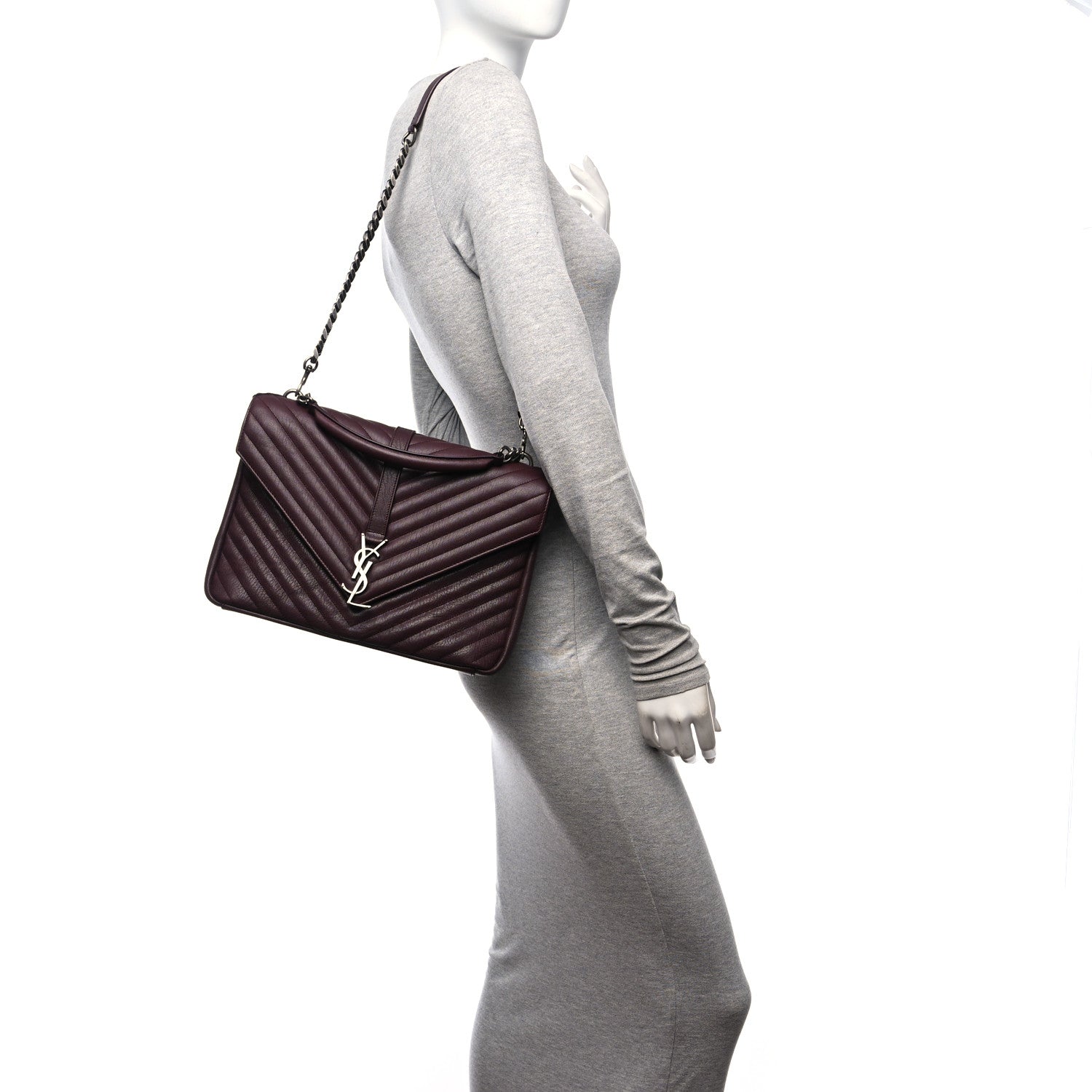 Saint Laurent Sheepskin Matelasse Chevron Large College Monogram Satchel Amaranto 3 of 11