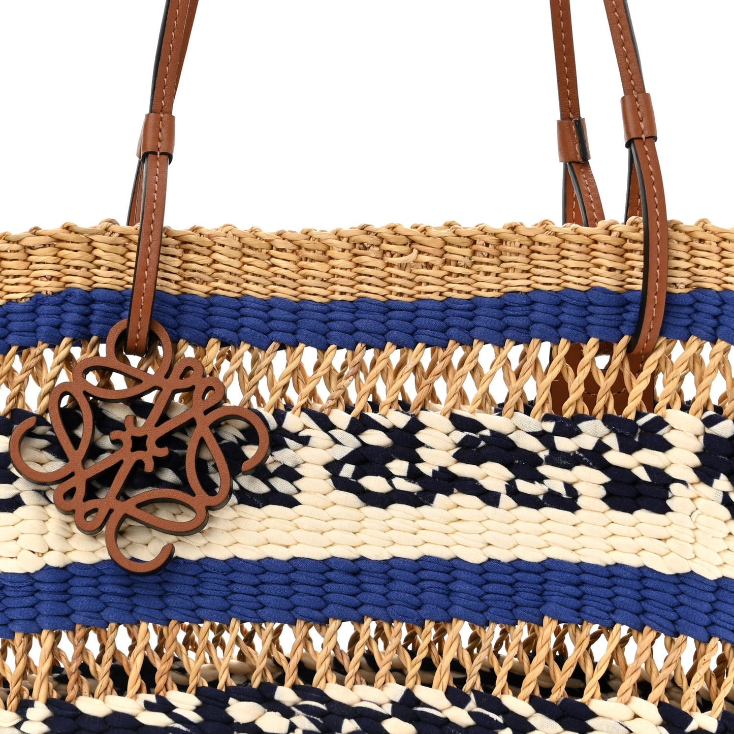 Elephant Grass Fabric Calfskin Woven Basket Tote Natural Blue