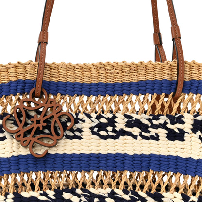 Loewe Elephant Grass Fabric Calfskin Woven Basket Tote Natural Blue 8 of 10