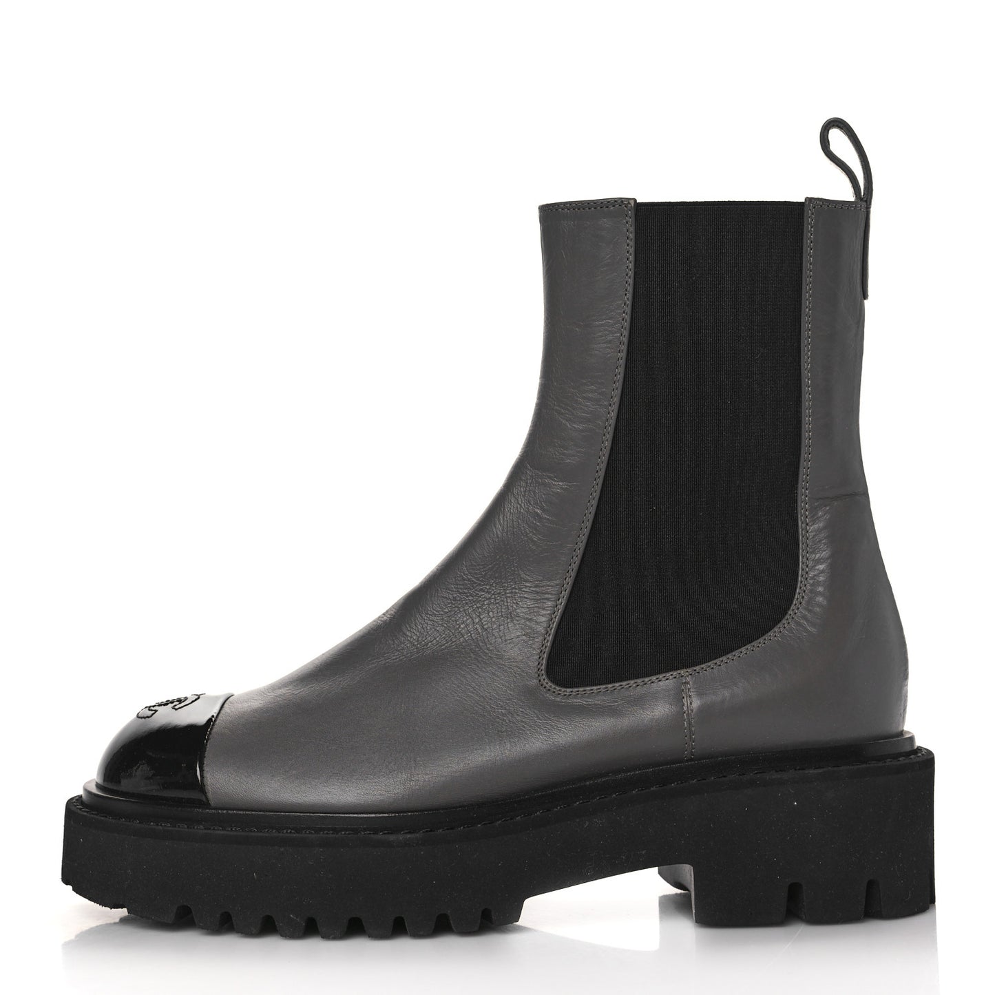 Crumpled Calfskin Patent Cap Toe Short Boots 36.5 Dark Grey Black