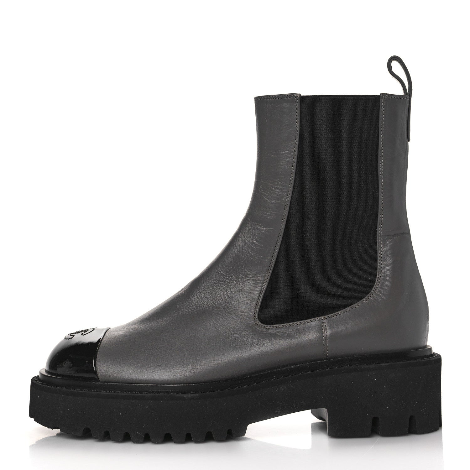 Chanel Crumpled Calfskin Patent Cap Toe Short Boots 36.5 Dark Grey Black 1 of 9