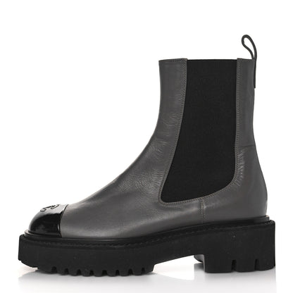 Chanel Crumpled Calfskin Patent Cap Toe Short Boots 36.5 Dark Grey Black 1 of 9